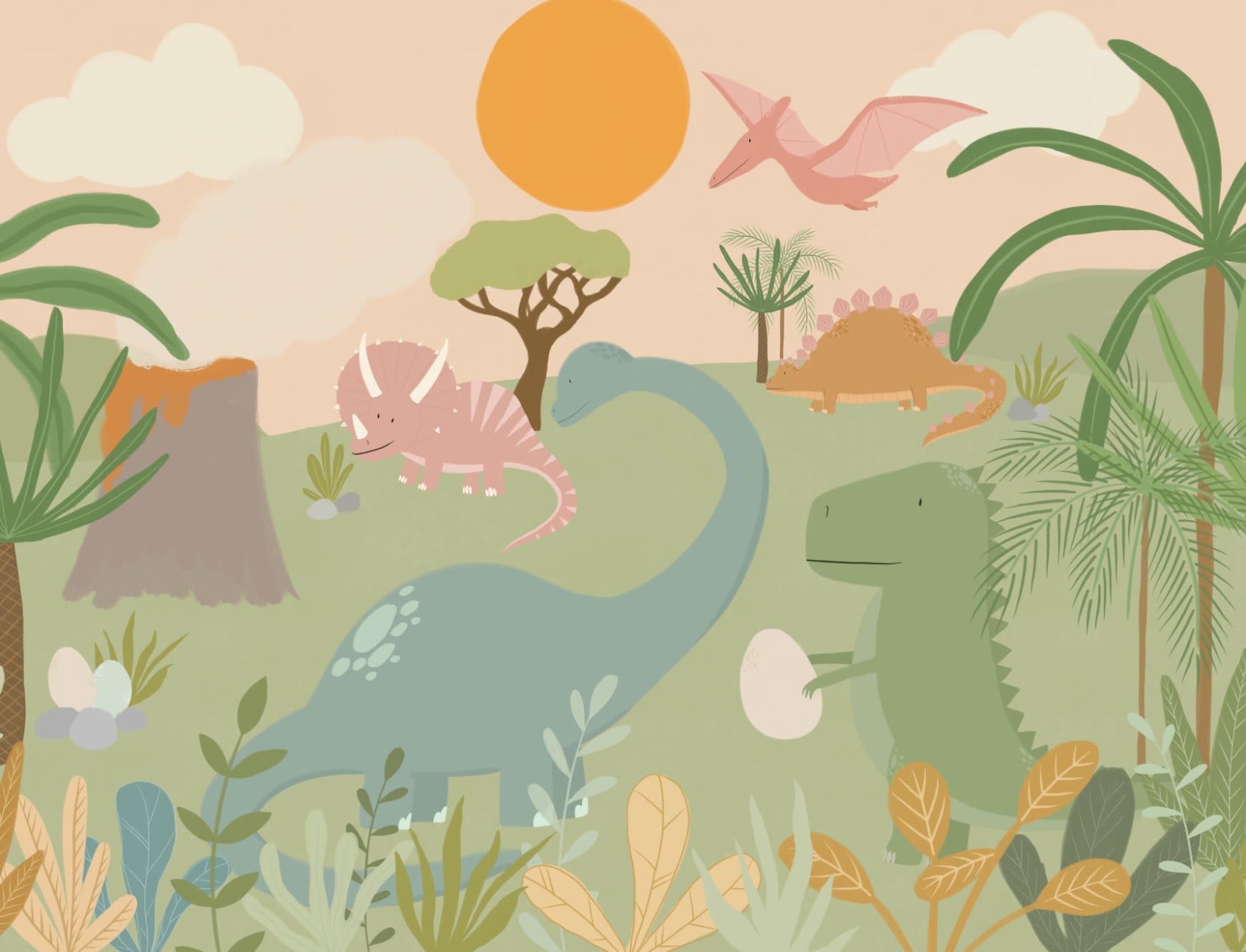Kids Cool Cartoon Dinosaur Landscape Wallpaper Mural