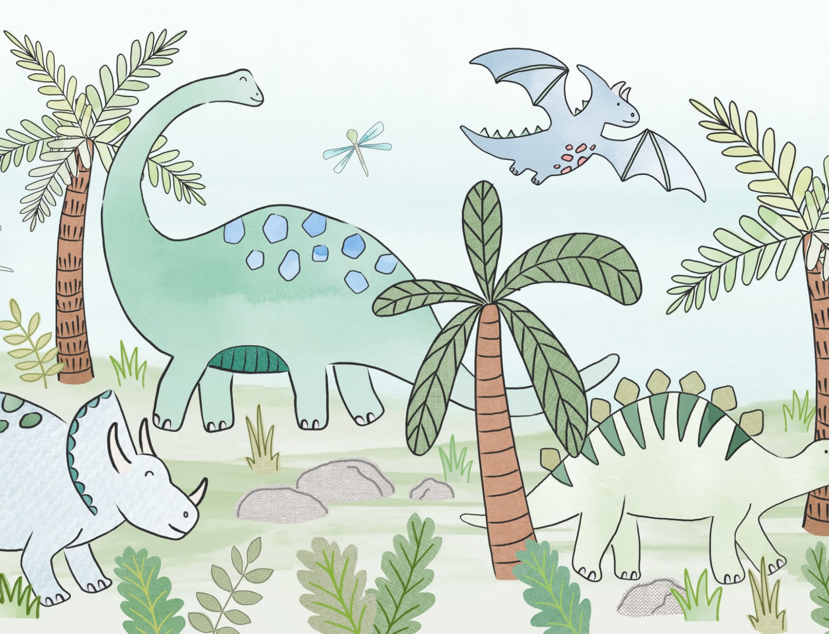 Mural de parede com padrão repetido Sweet Dinosaurs and Trees