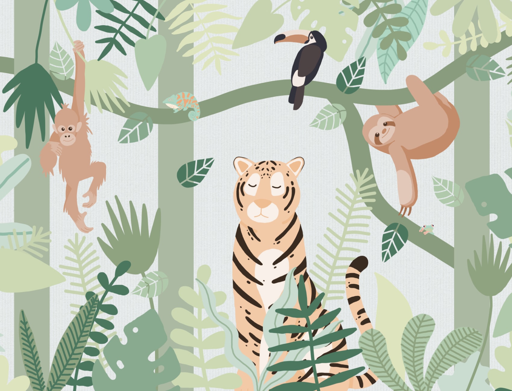 Carta da parati per bambini con amici animali della giungla verde