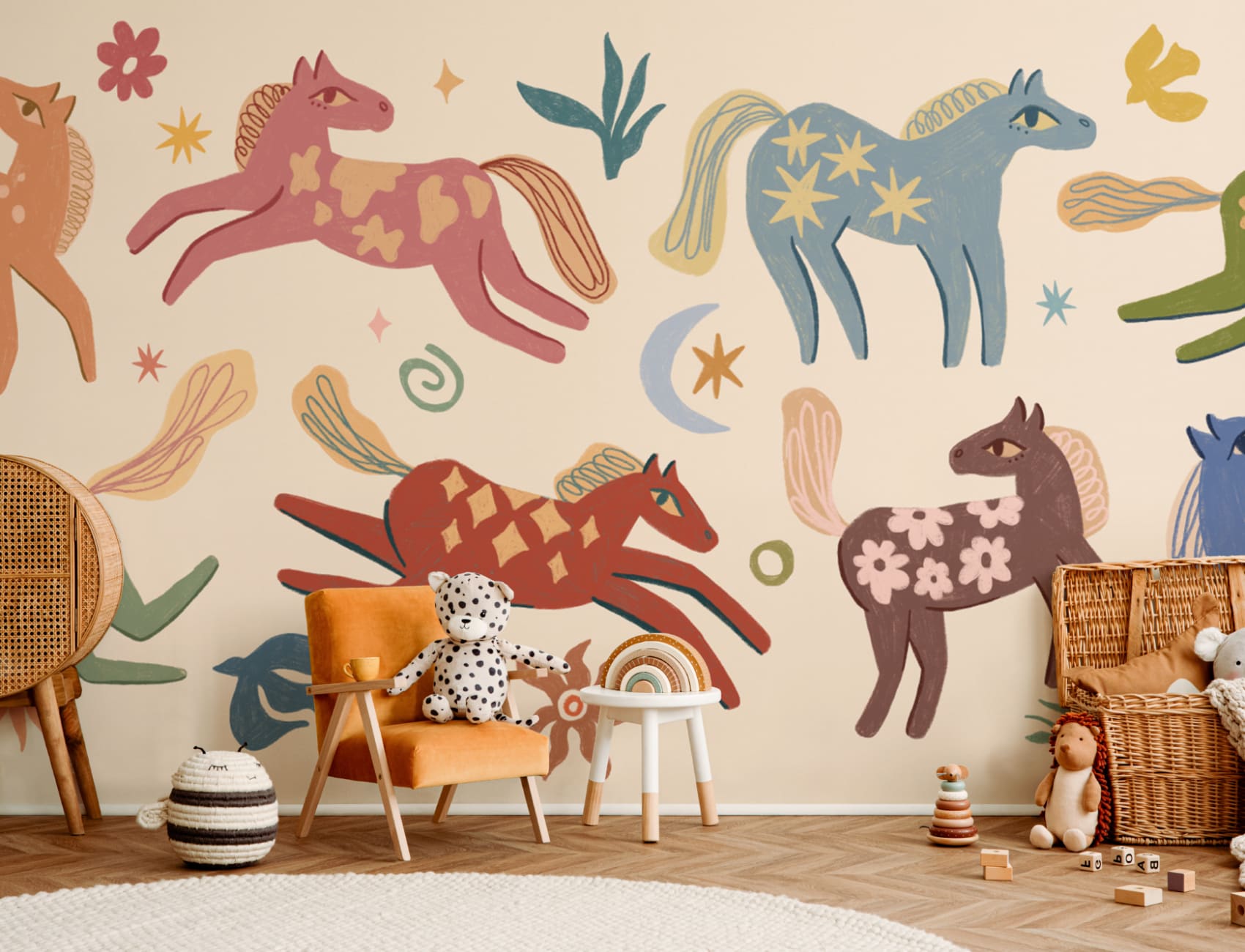 Carta da parati multicolore con animali Pony per bambini