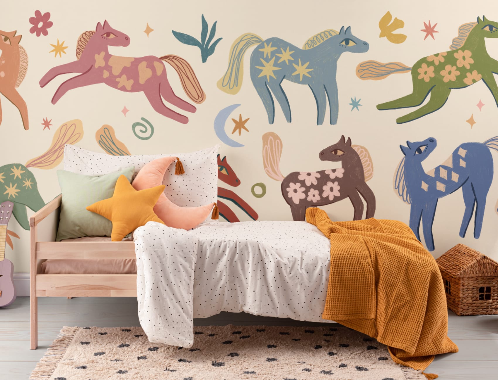 Carta da parati multicolore con animali Pony per bambini
