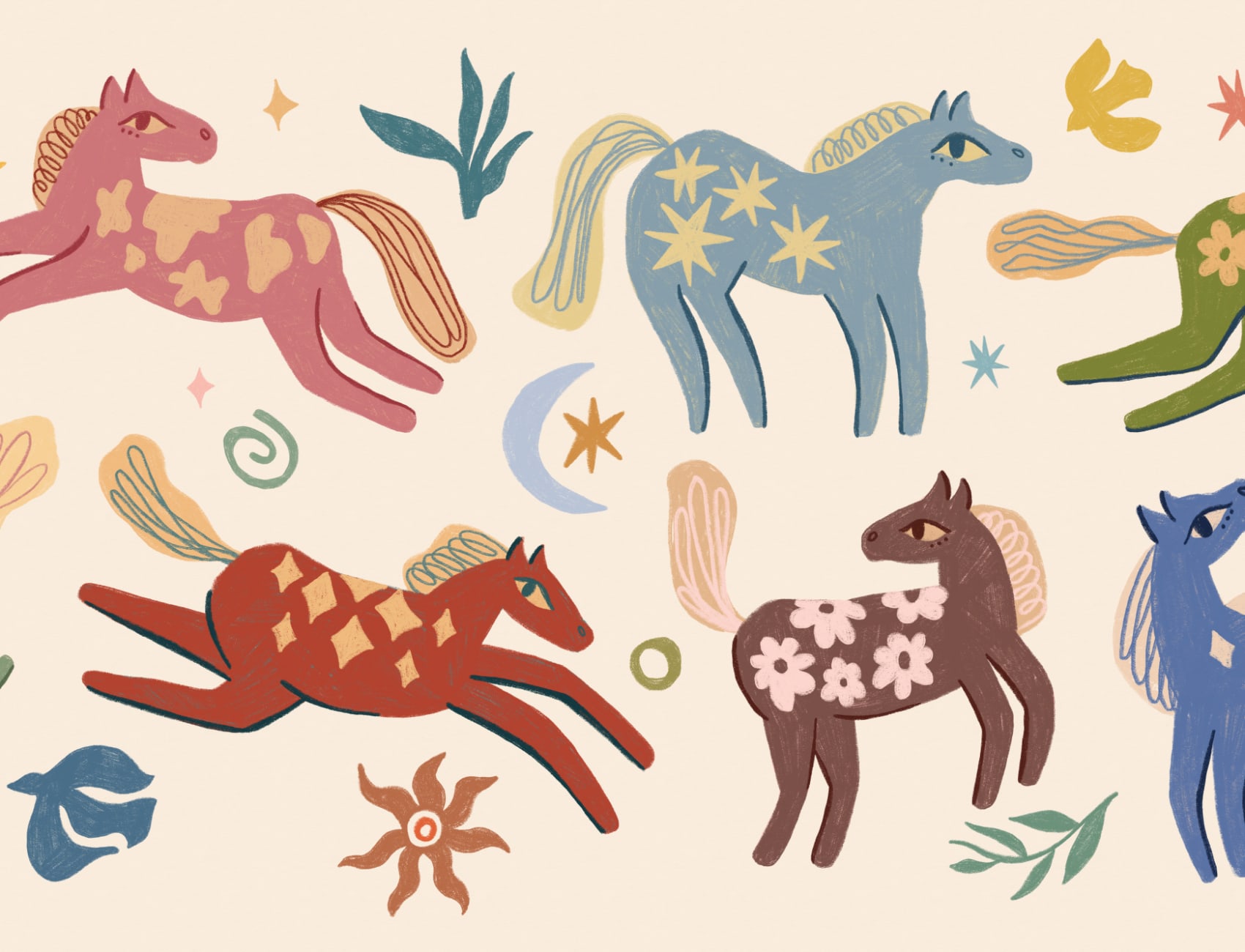 Carta da parati multicolore con animali Pony per bambini