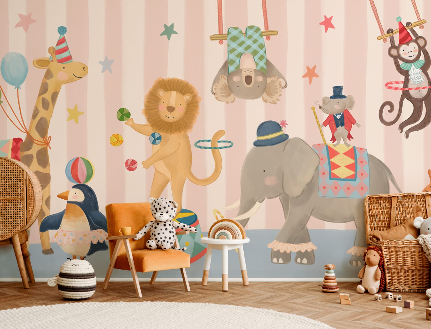 Kids Pink Stripe Animal Circus Show Mural