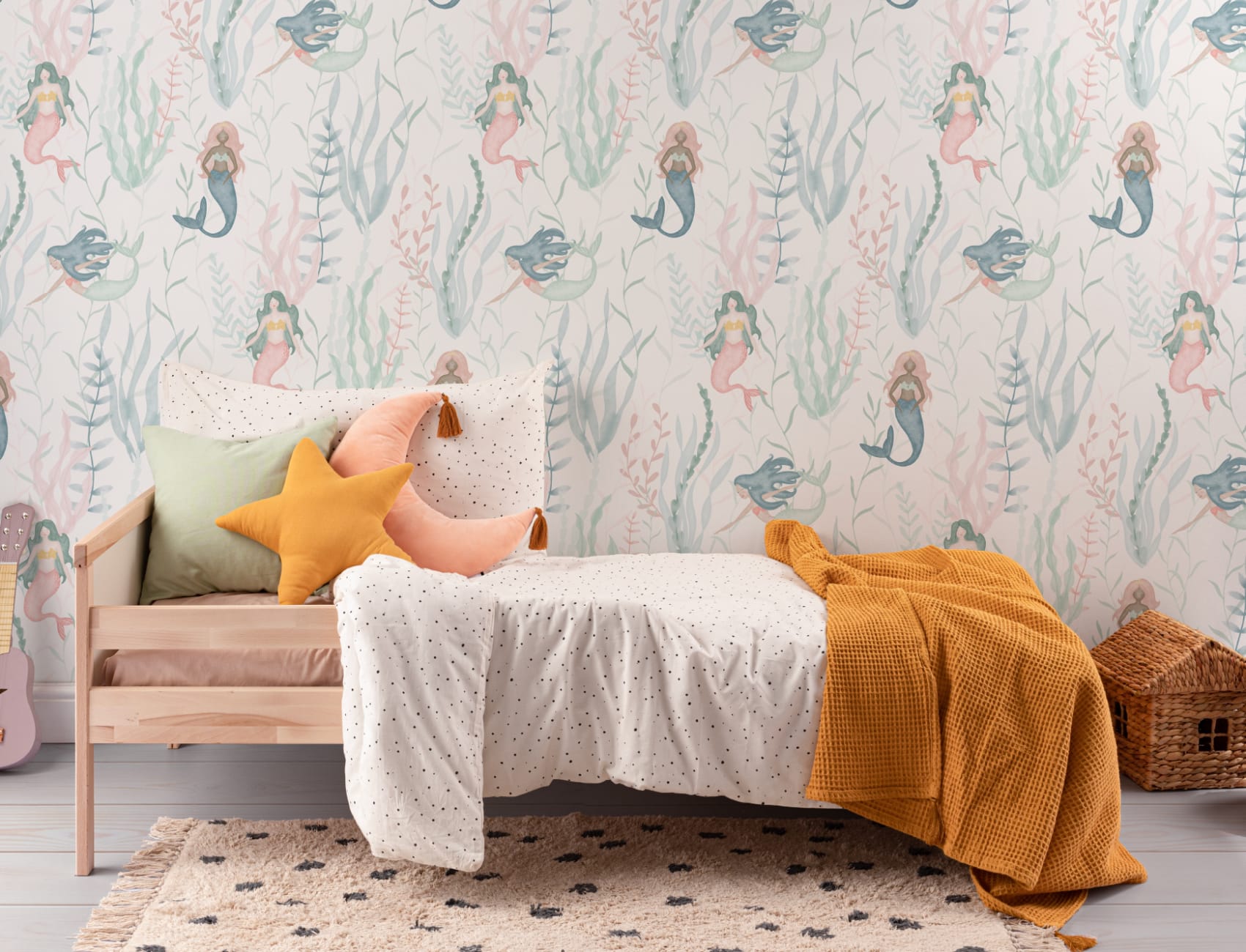 Pastel Watercolour Mermaid Modern Repeat Pattern Wallpaper