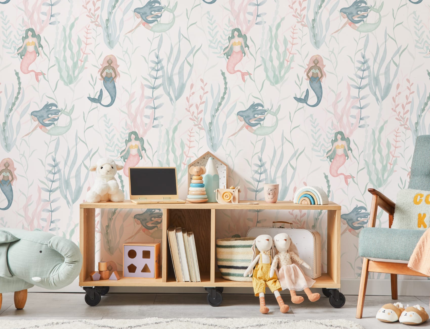 Pastel Watercolour Mermaid Modern Repeat Pattern Wallpaper