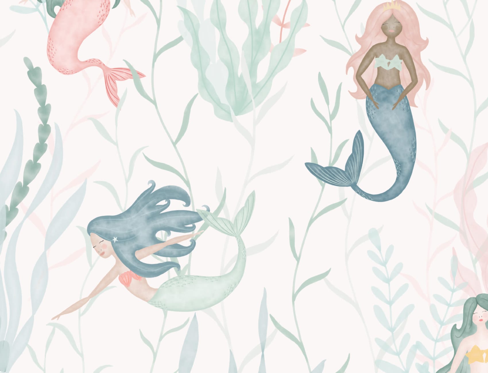 Pastel Watercolour Mermaid Modern Repeat Pattern Wallpaper