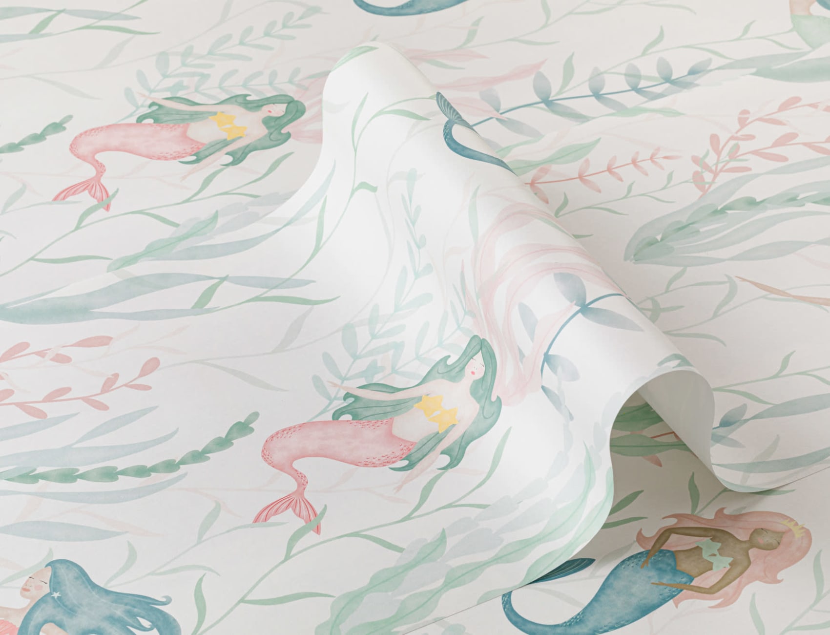 Pastel Watercolour Mermaid Modern Repeat Pattern Wallpaper