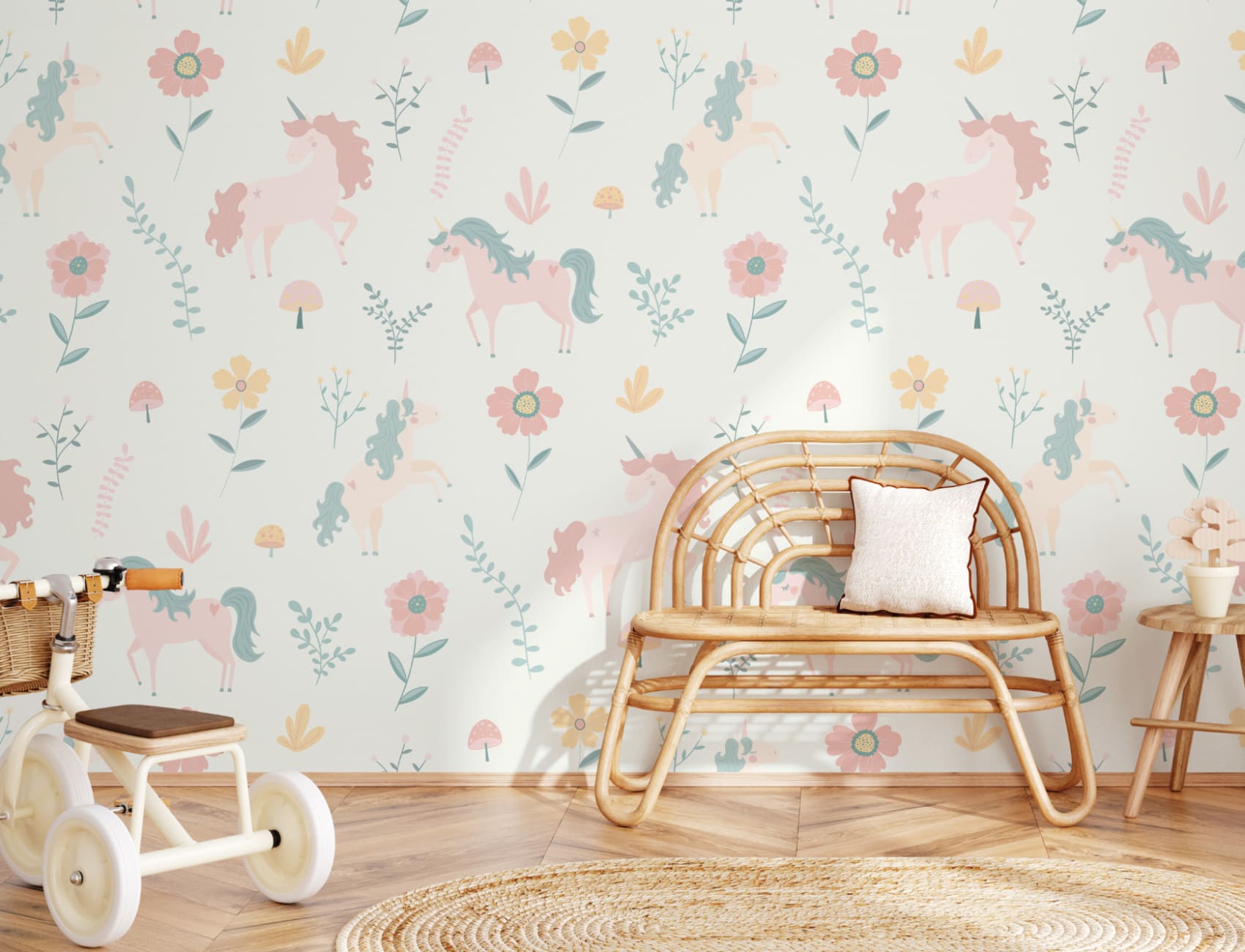 Pastell Unicorns och blommor Upprepa mönster tapet