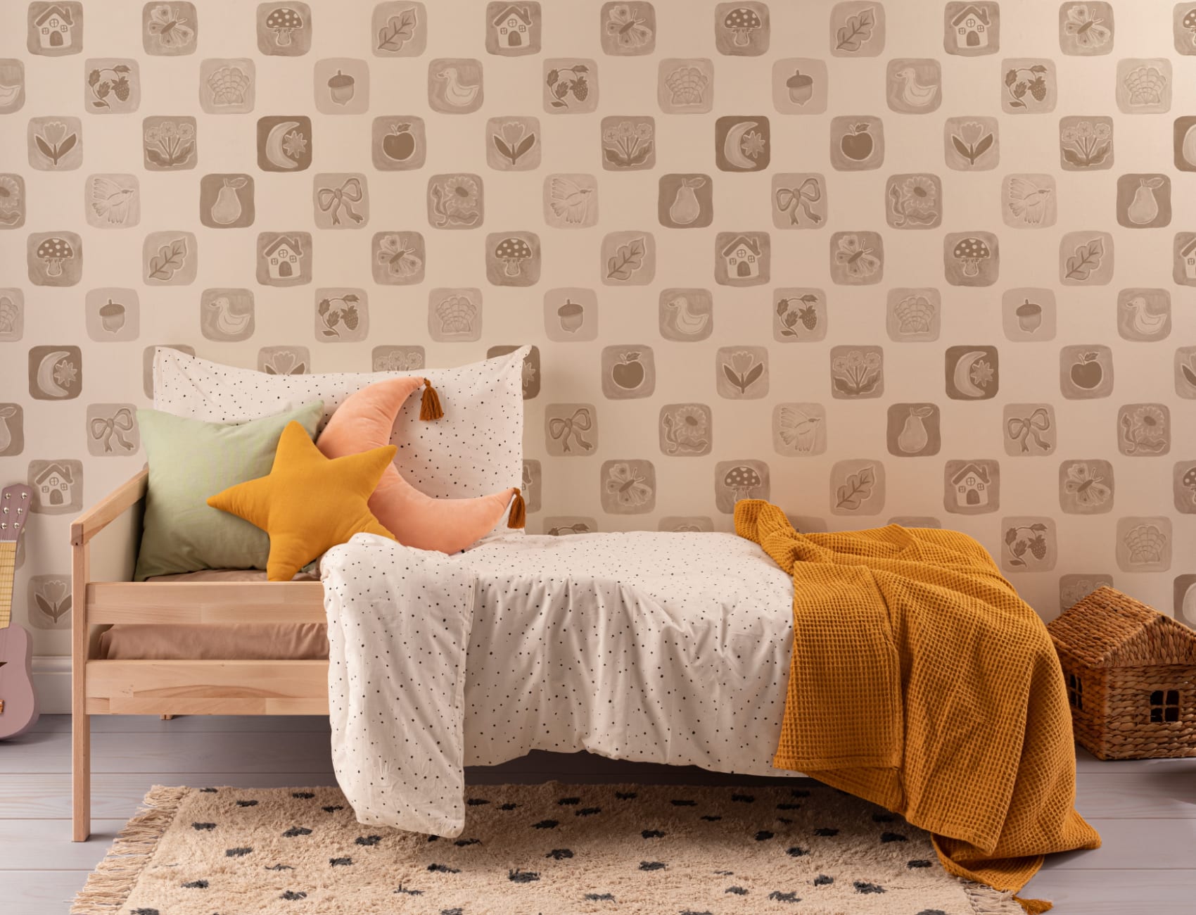 Neutral Checkered Kids' Patchwork Pattern Mural