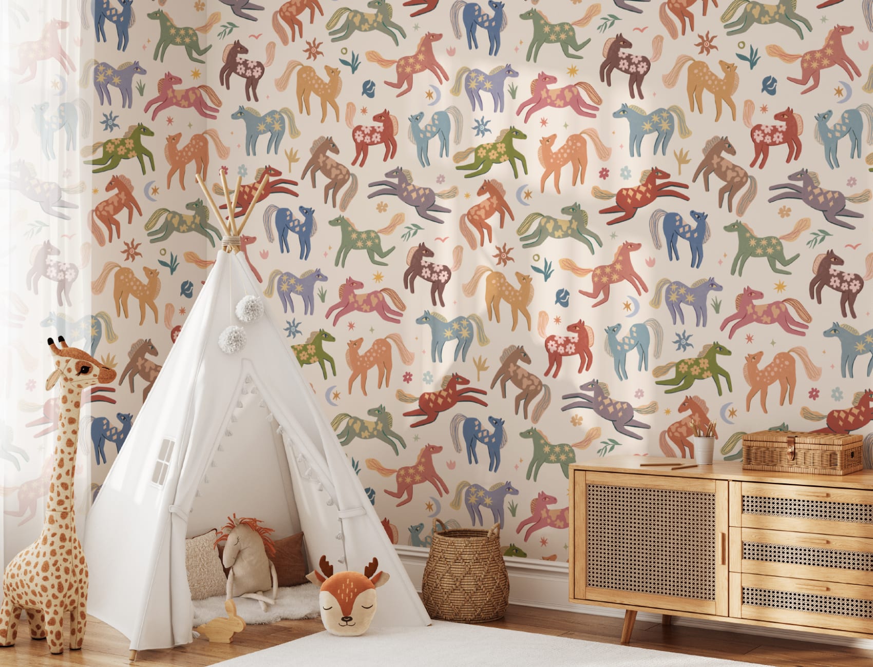 Carta da parati multicolore con animali Pony Whimsy per bambini