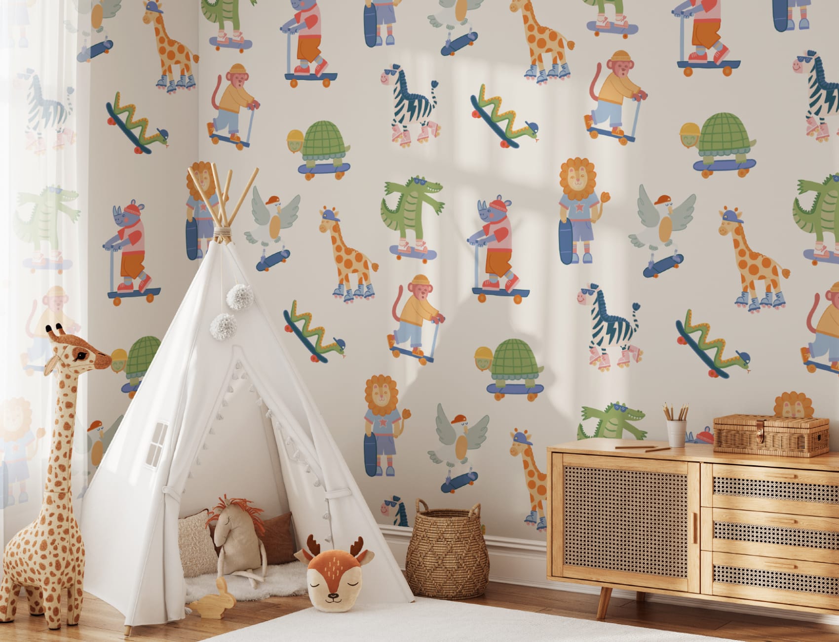 Kids' Multicolor Playful Animals Skateboarding Mural-tapeter