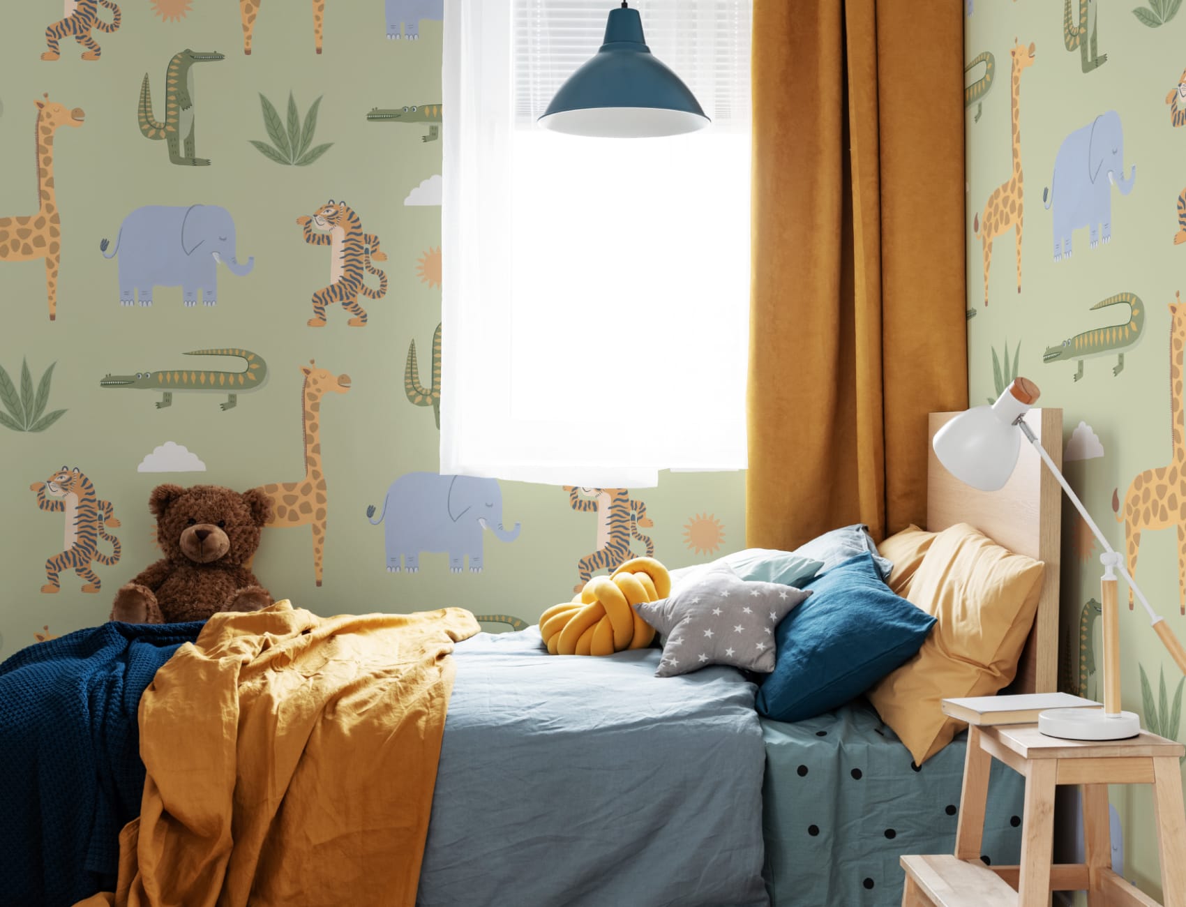 Green Kids Playful Jungle Animals Mural