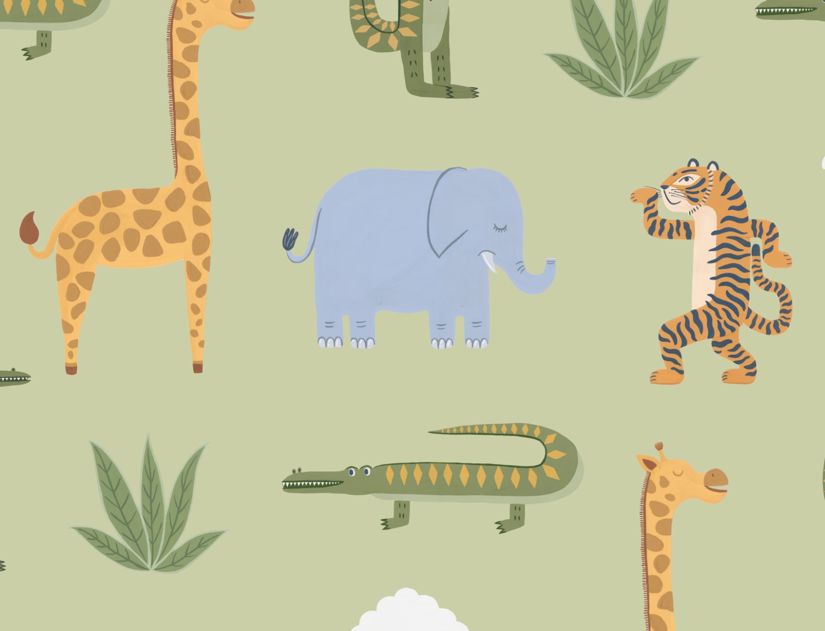 Green Kids Playful Jungle Animals Mural