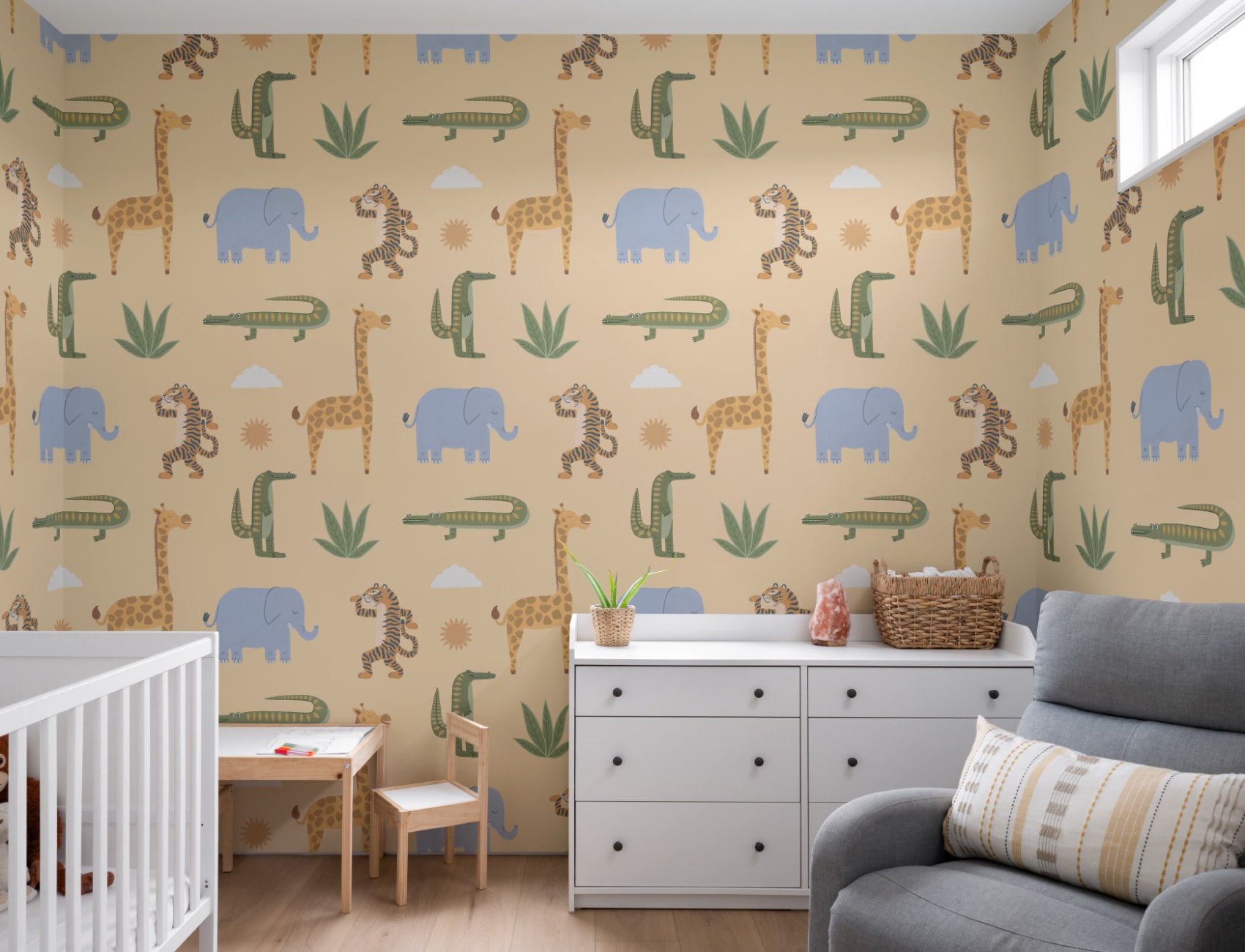 Yellow Kids Playful Jungle Animals Mural