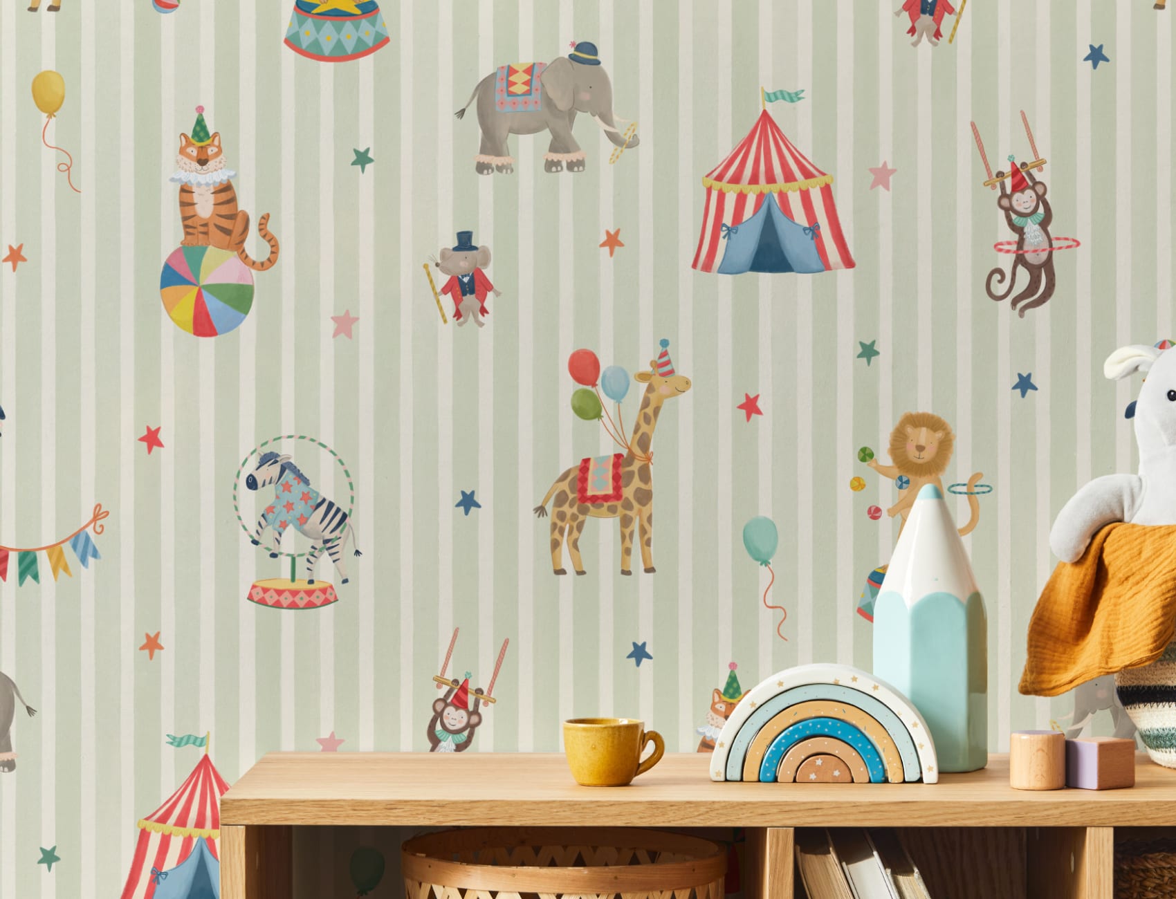 Kids Groene Streep Circus Dieren Muurschildering