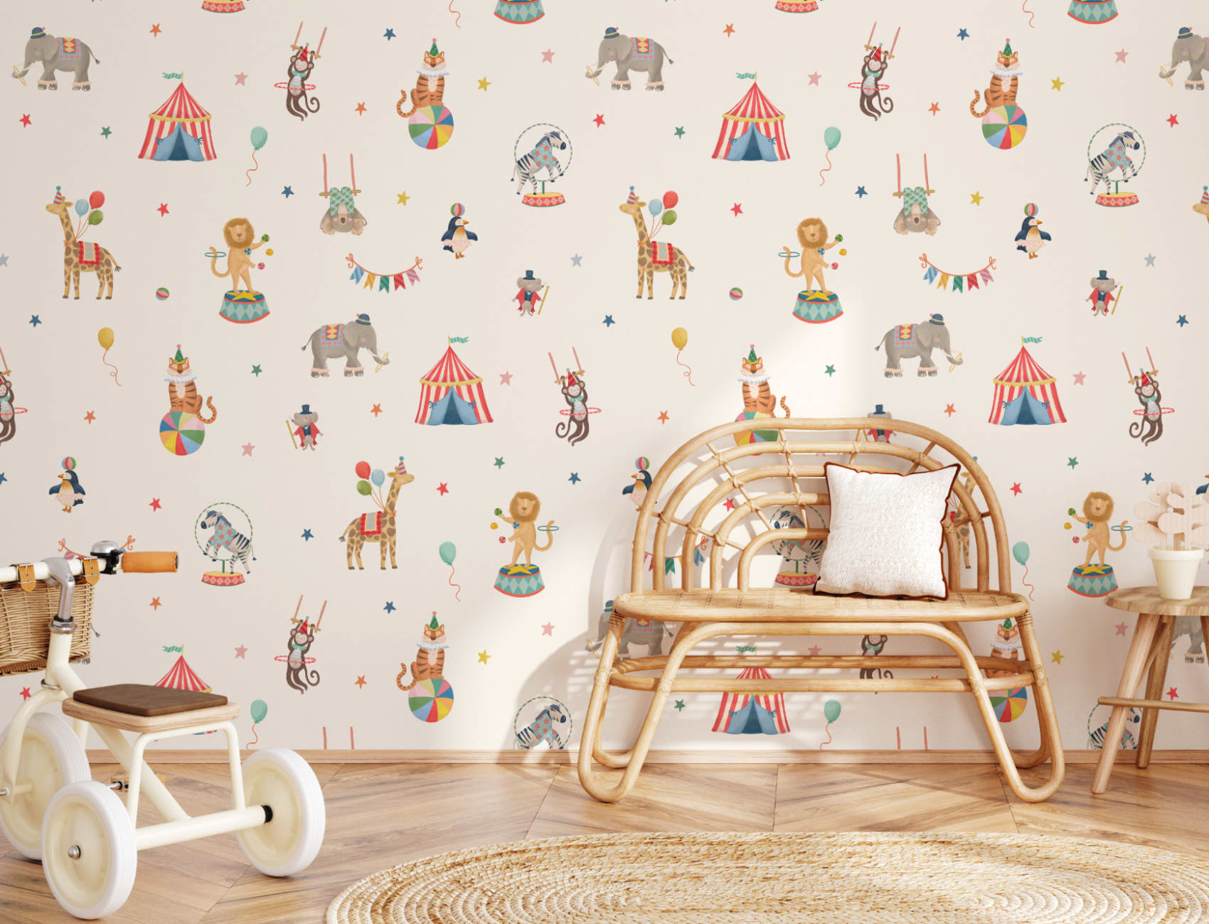 Barn beige cirkus djur mural-tapeter