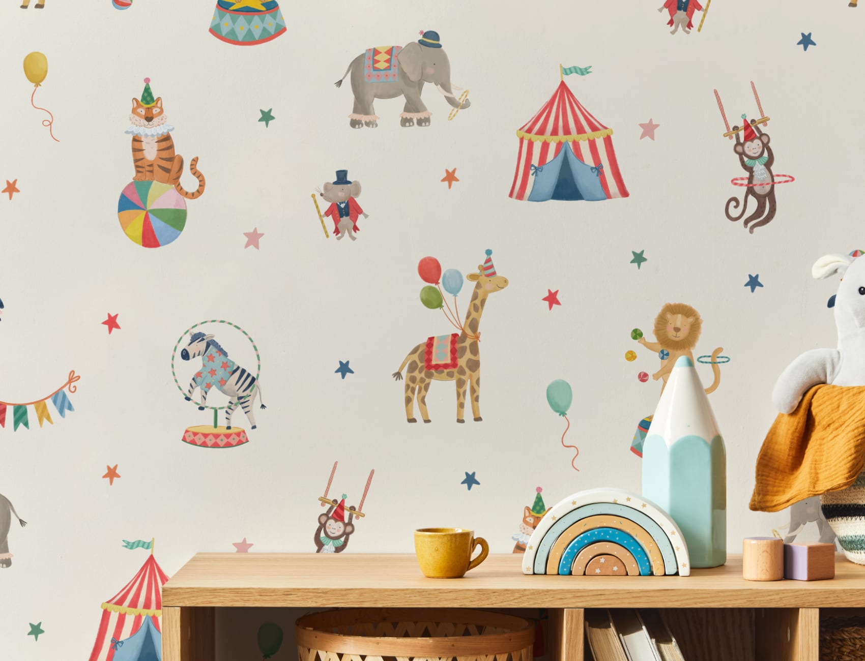 Barn beige cirkus djur mural-tapeter