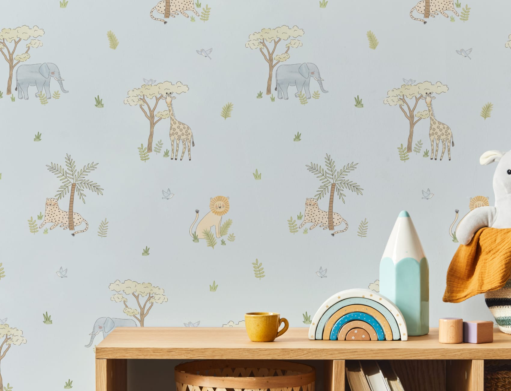 Blau illustrierte bunte Safari-Tiere Tapete