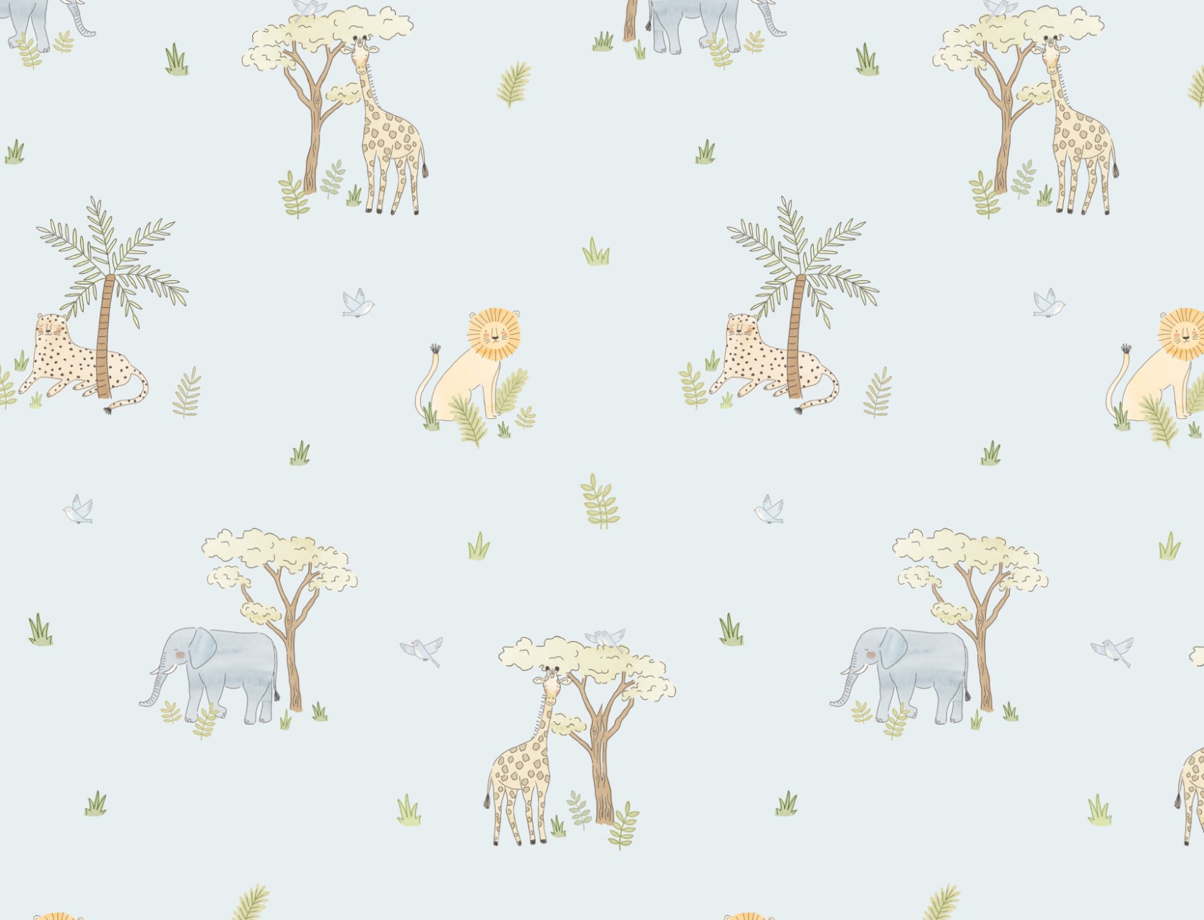 Blau illustrierte bunte Safari-Tiere Tapete