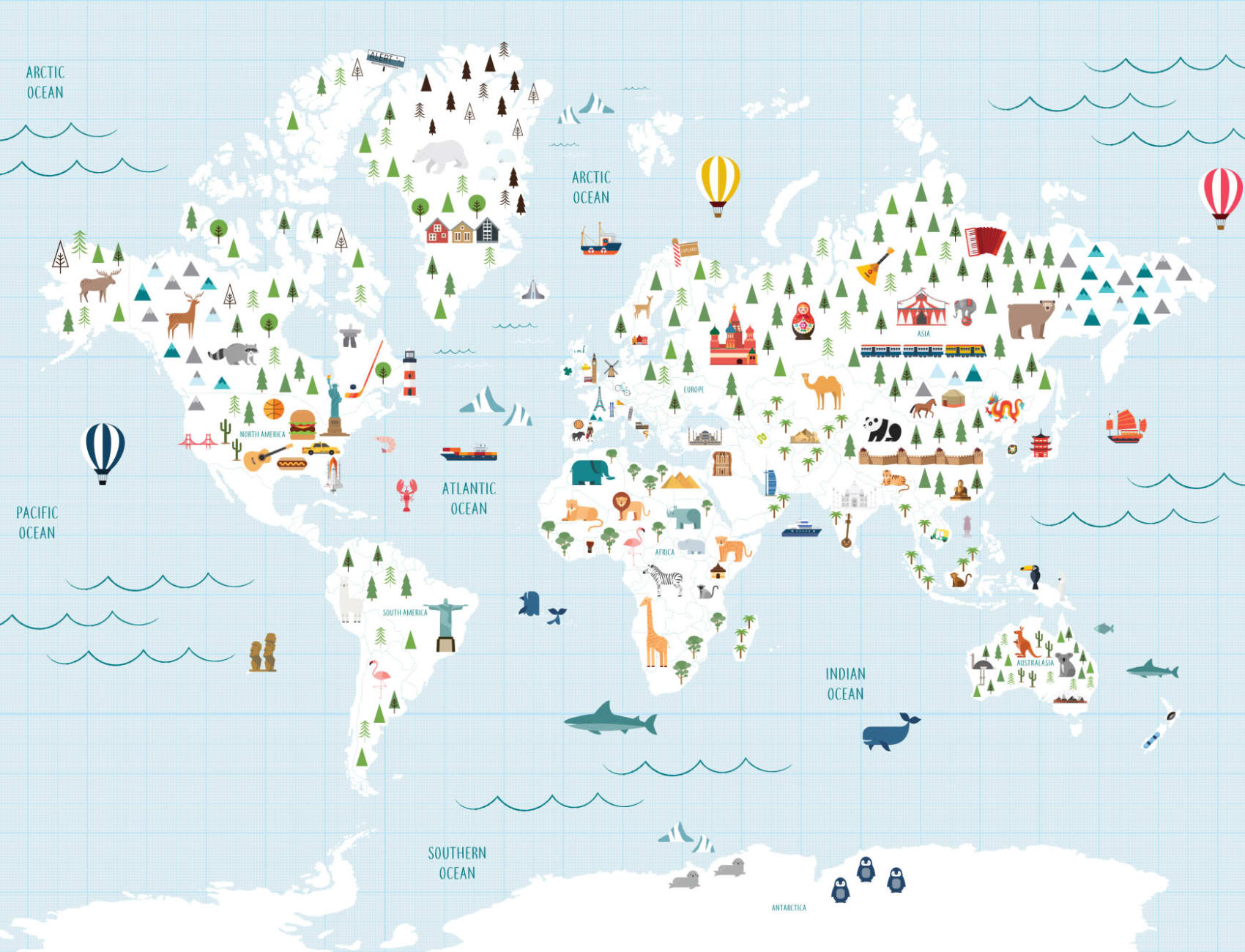 Cartoon Blue Grid Paper World Map Wallpaper Mural