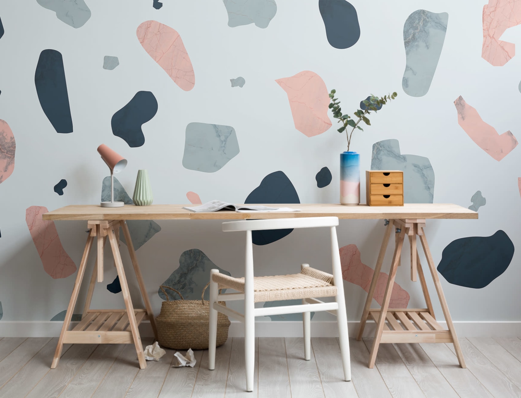 Papier Peint Panoramique Terrazzo Rose et Bleu