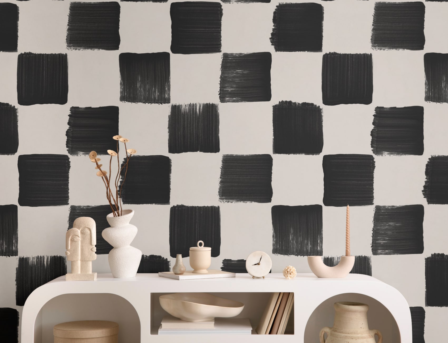 Black Beige Checkered Geometric Pattern Wallpaper