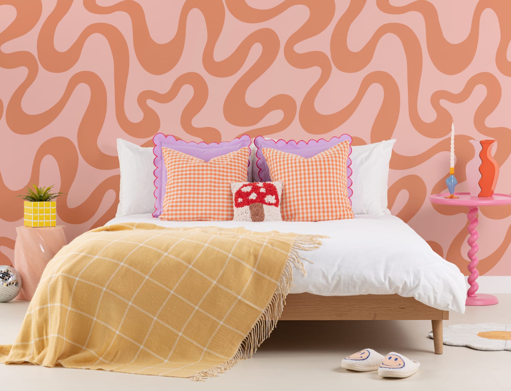 Levendig Roze En Oranje Abstract Retro Patroon Behang