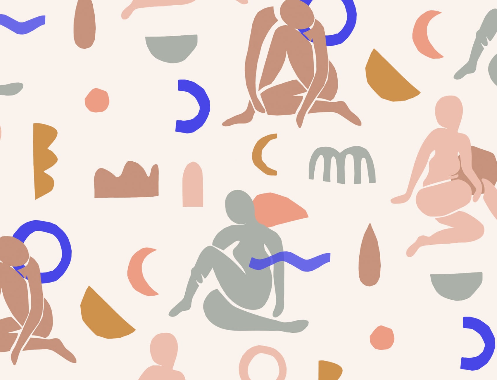 Carta da Parati di Colore Neutro con Motivi di Figure Umane e Forme Astratte