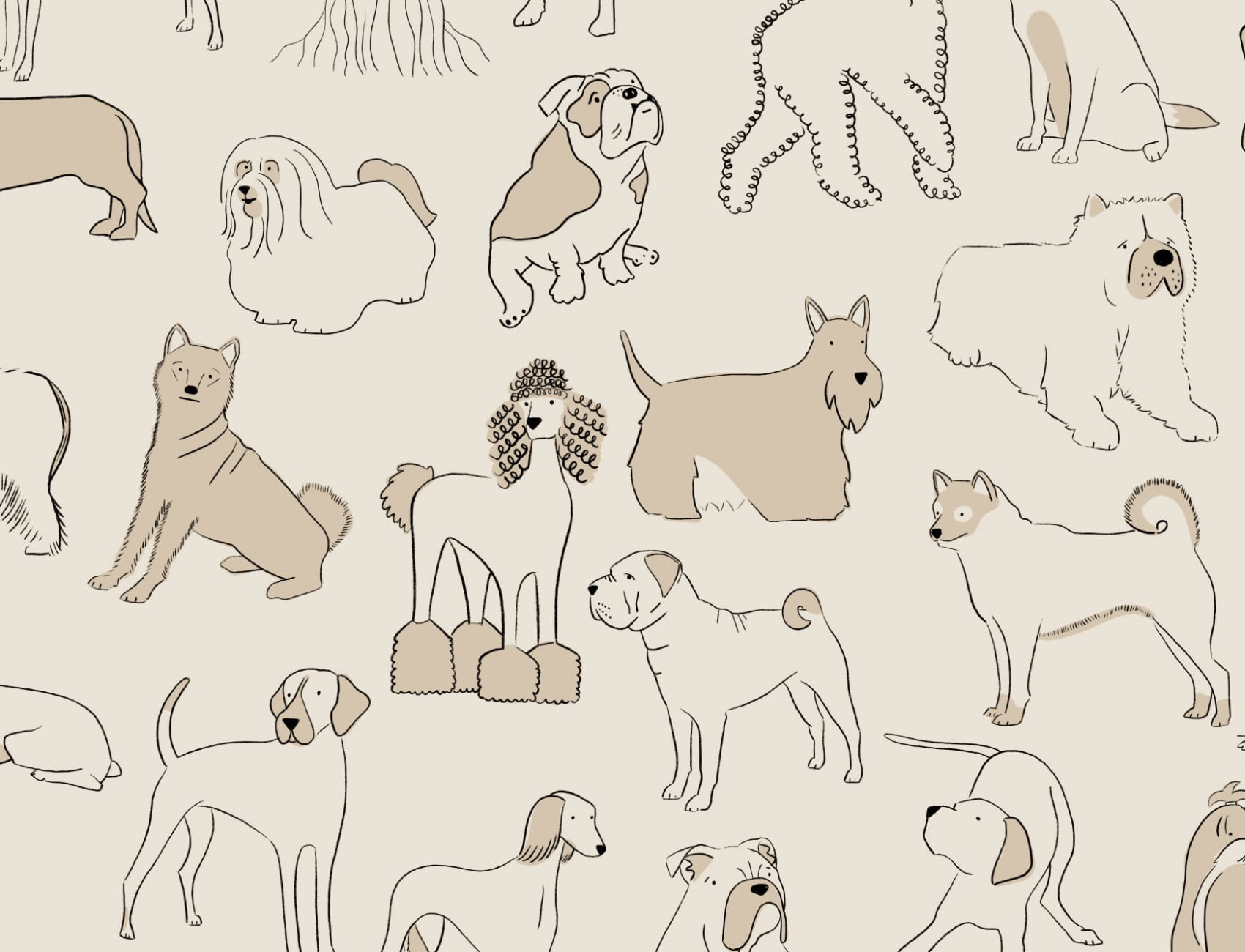 Neutral Bulldog & Sausage Dog Pattern Pet Wallpaper Mural