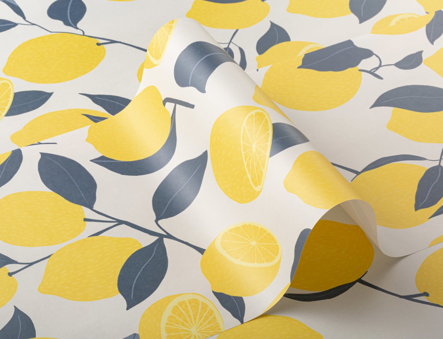 Carta da Parati Colorata con Motivo di Limoni in Giallo e Blu