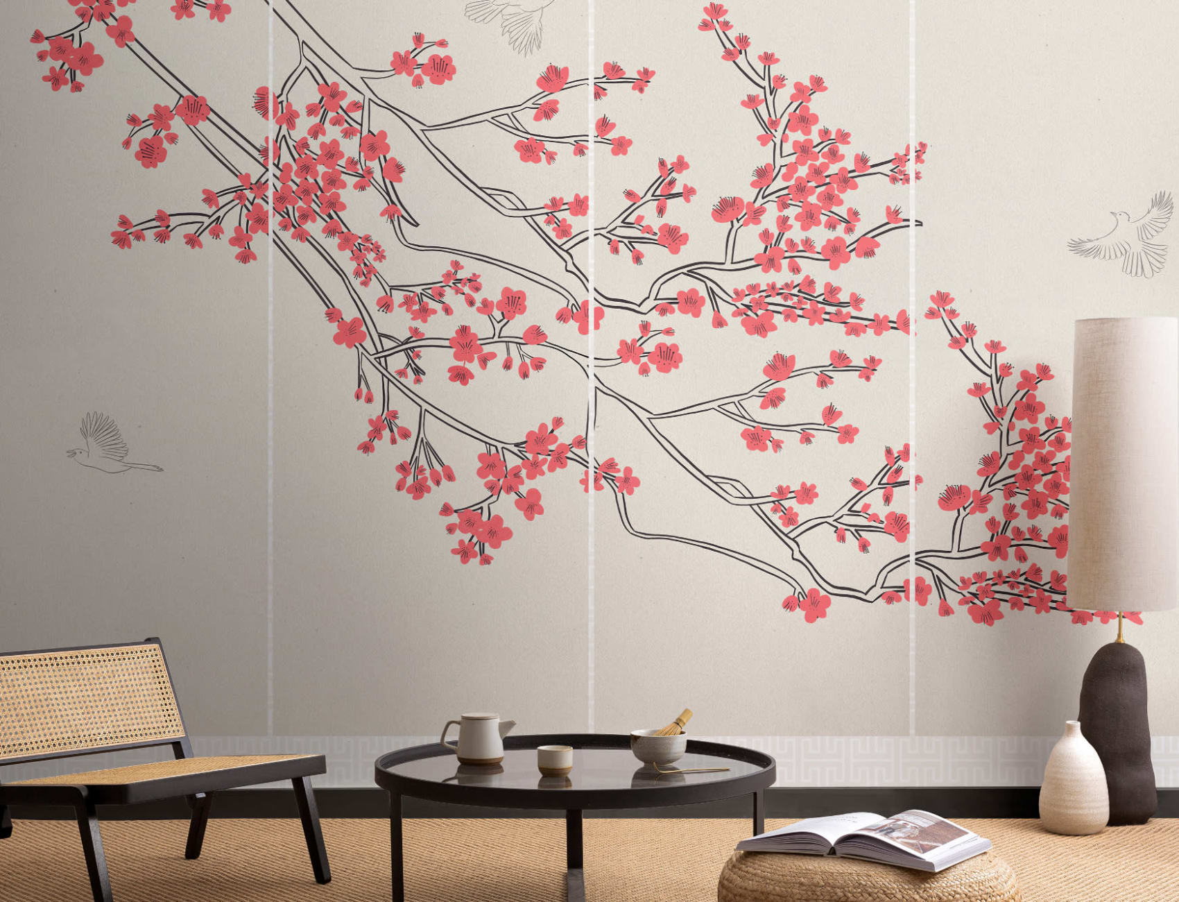 Mural Papel Pintado Japonés con Cerezo Rojo en Biombo