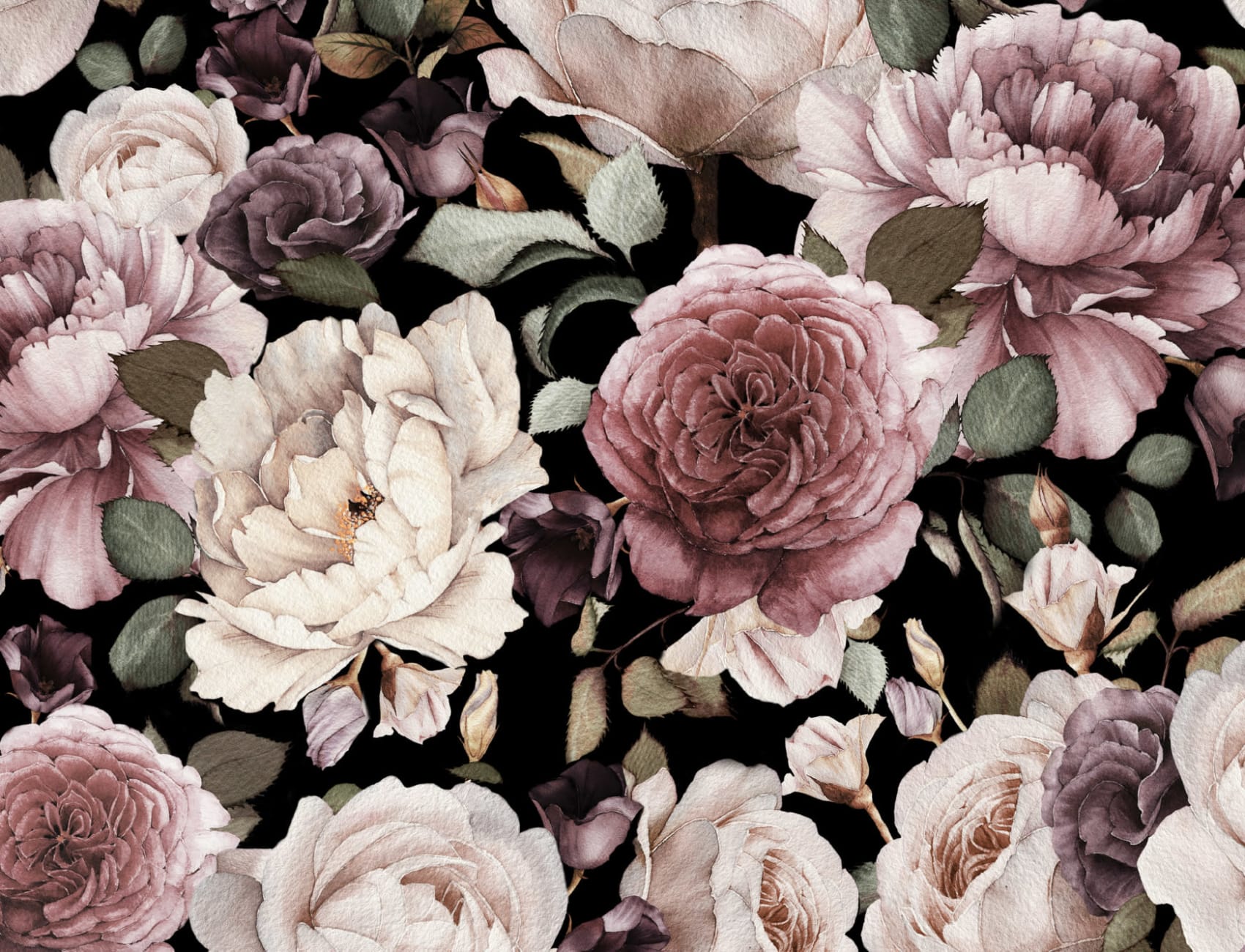 Papier Peint Fleuri avec Motif de Roses sur Fond Noir