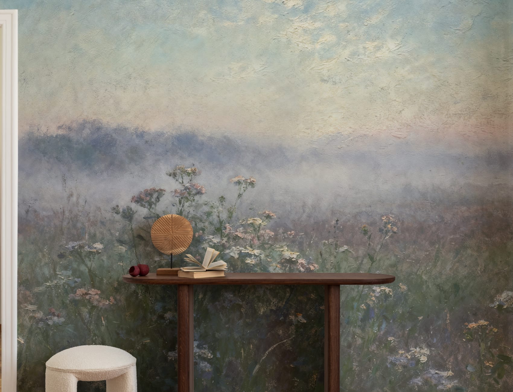 Blauwe Rustige Weide Sfeervolle Natuur Kunst Muurschildering