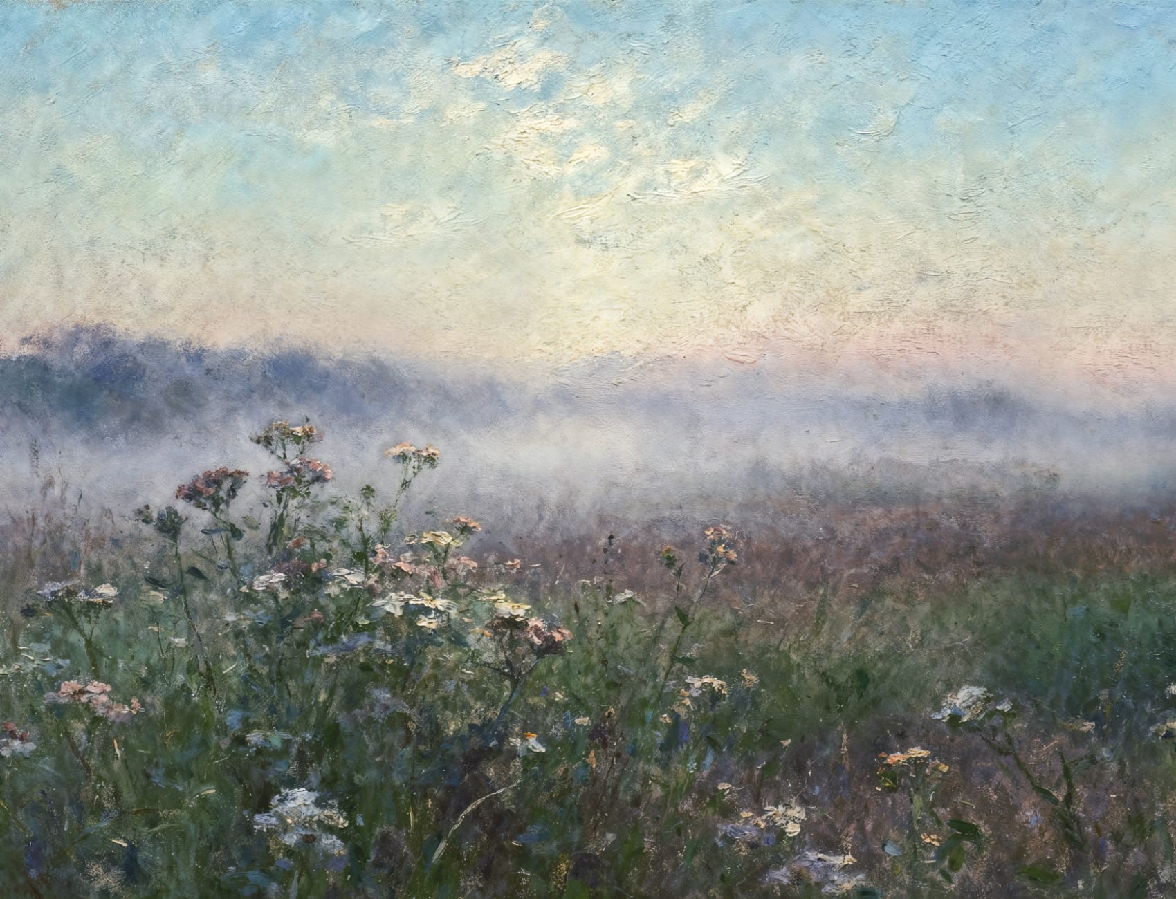 Blauwe Rustige Weide Sfeervolle Natuur Kunst Muurschildering