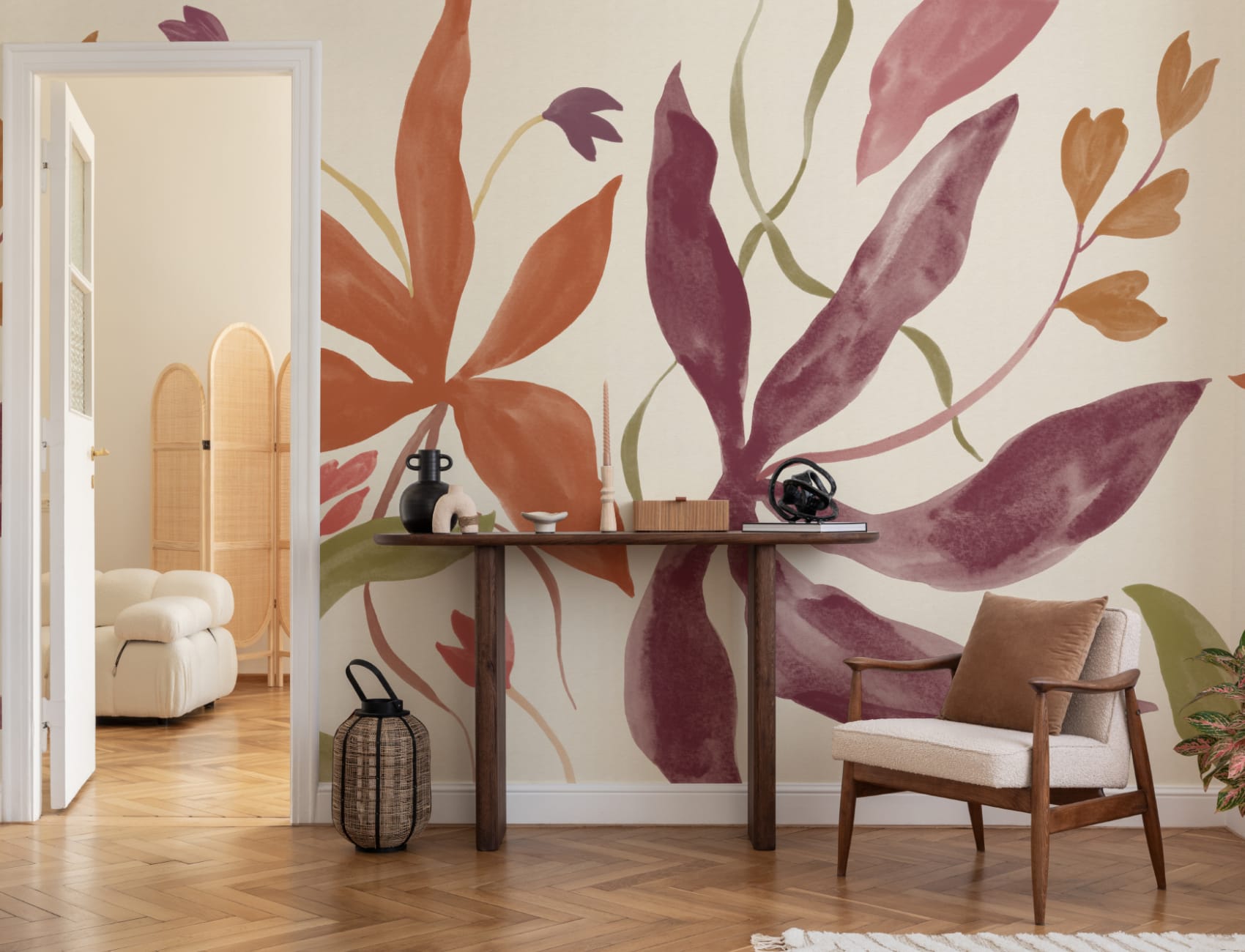 Multicolor Watercolor Leaf Botanical Mural for Vibrant Atmosphere