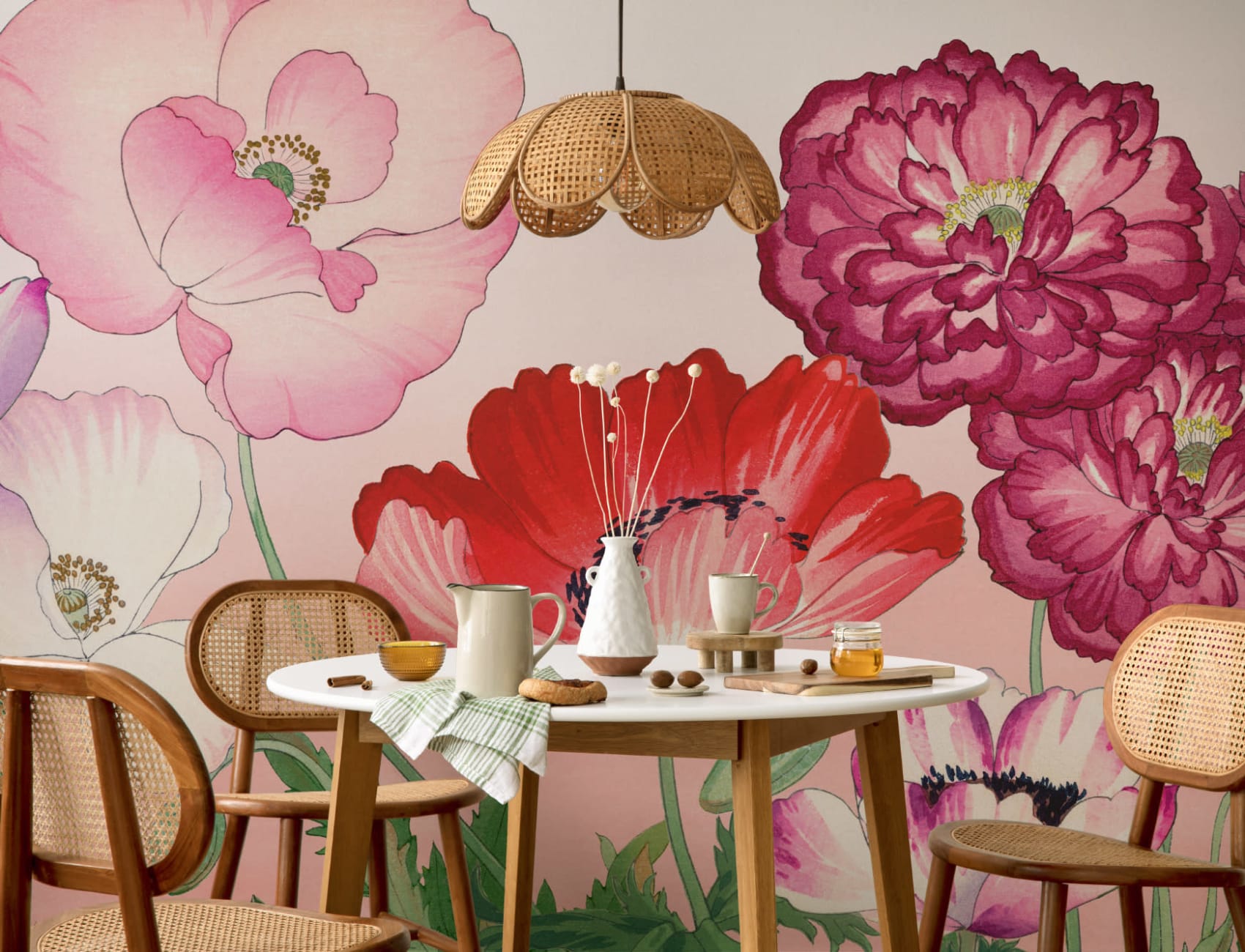 Pink Poppy Japanese Watercolor Floral Mural
