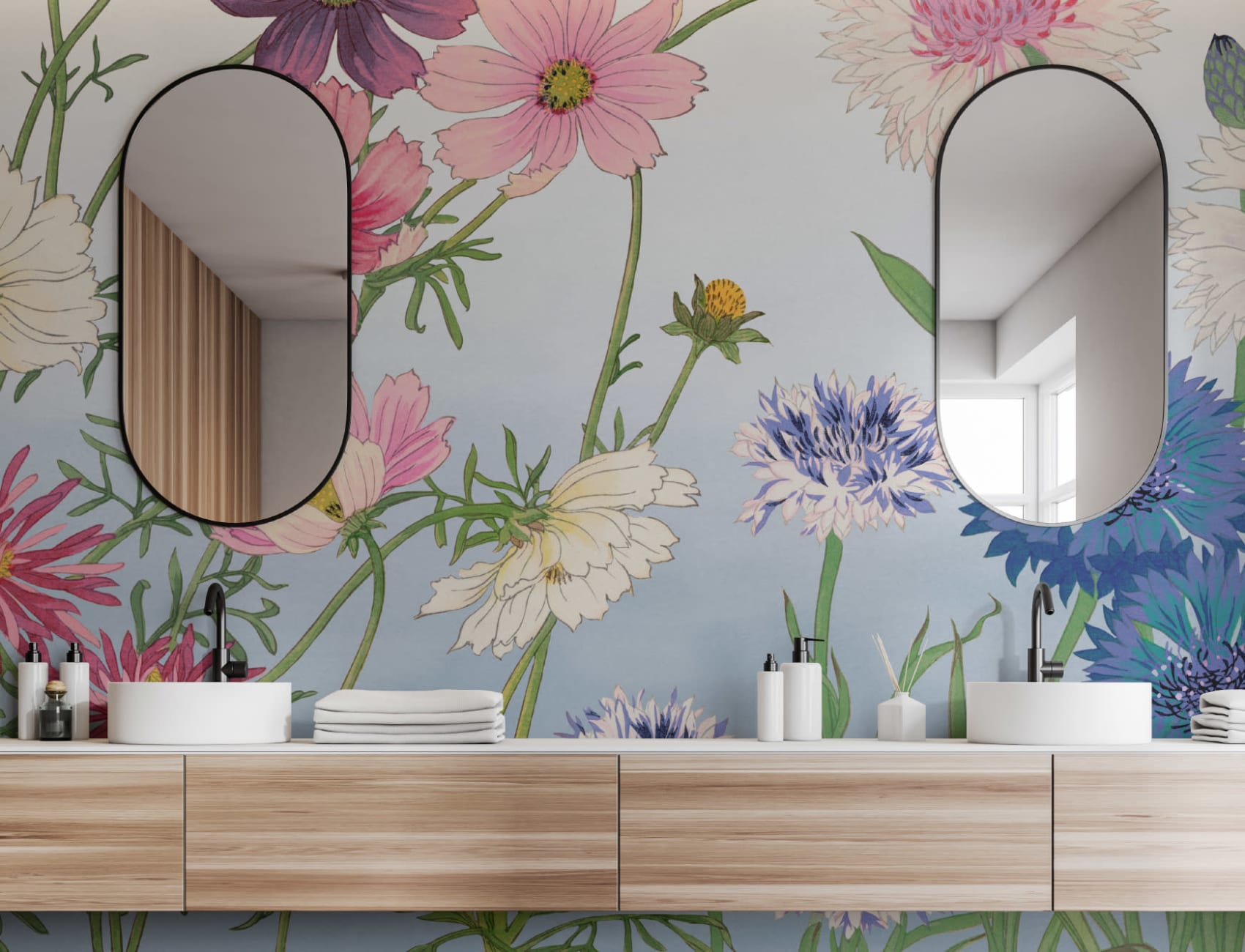 Cosmos aquarelle japonaise murale florale