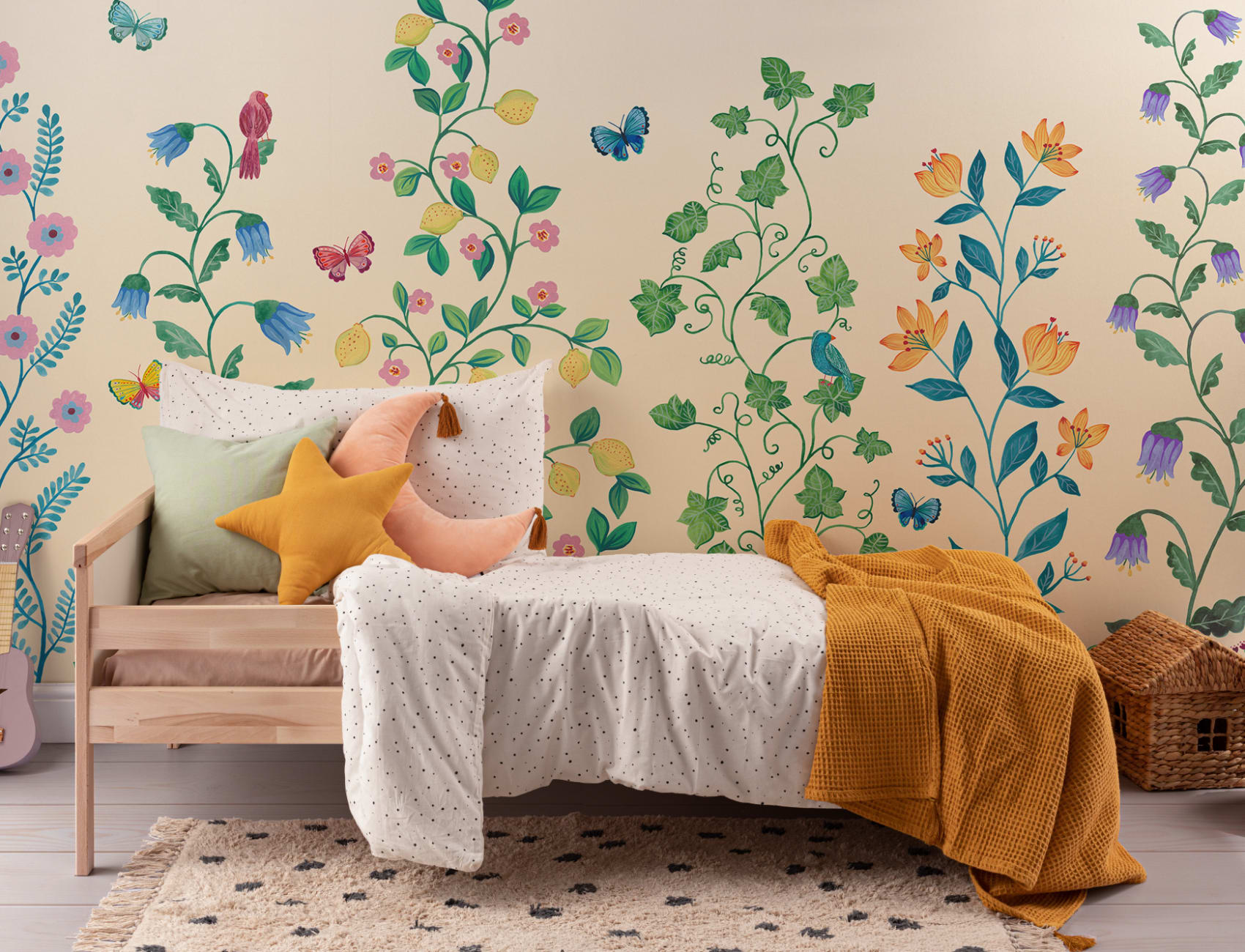 Yellow Whimsical Climbing Botanicals Mural
