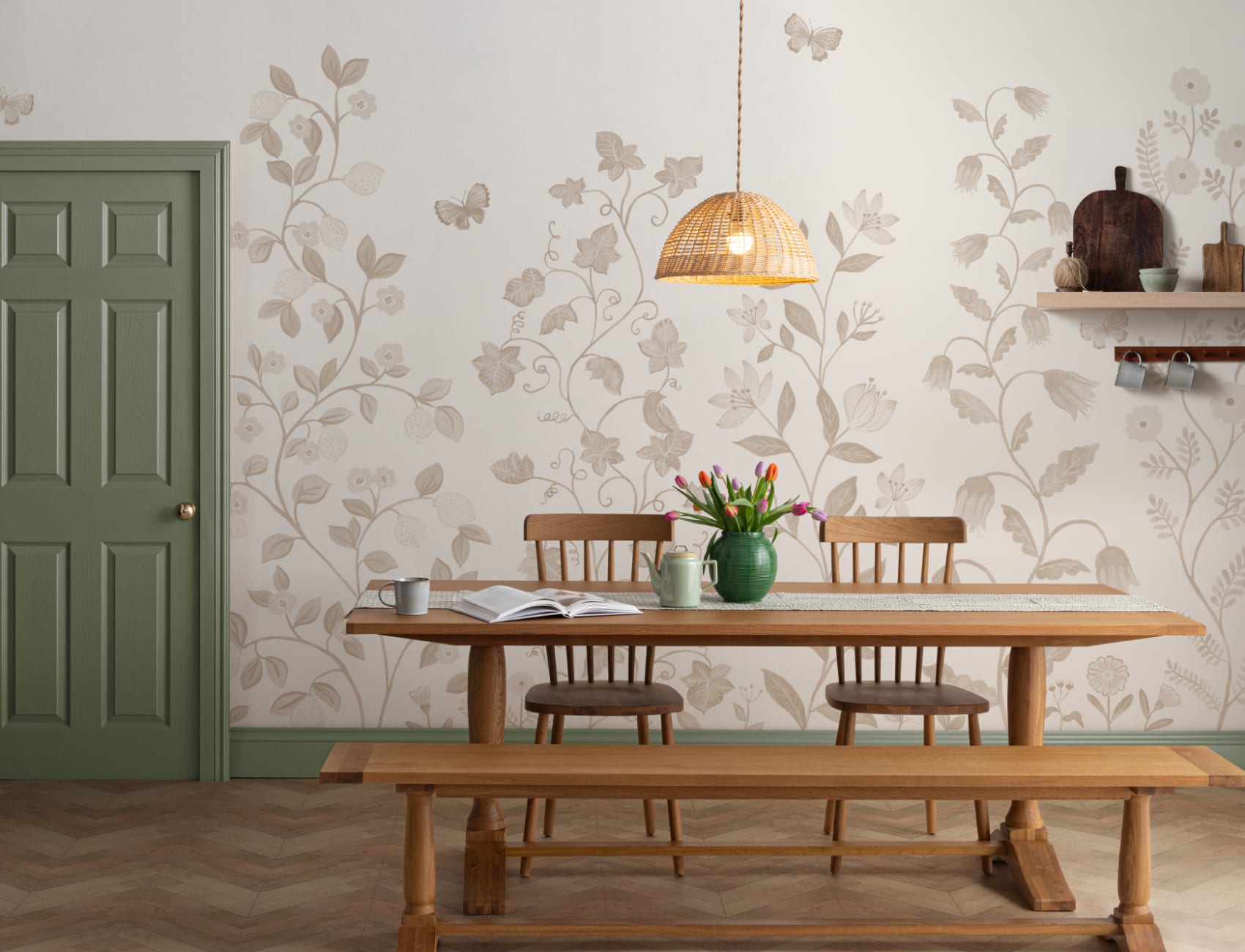 Beige Whimsical Climbing Botanicals Mural