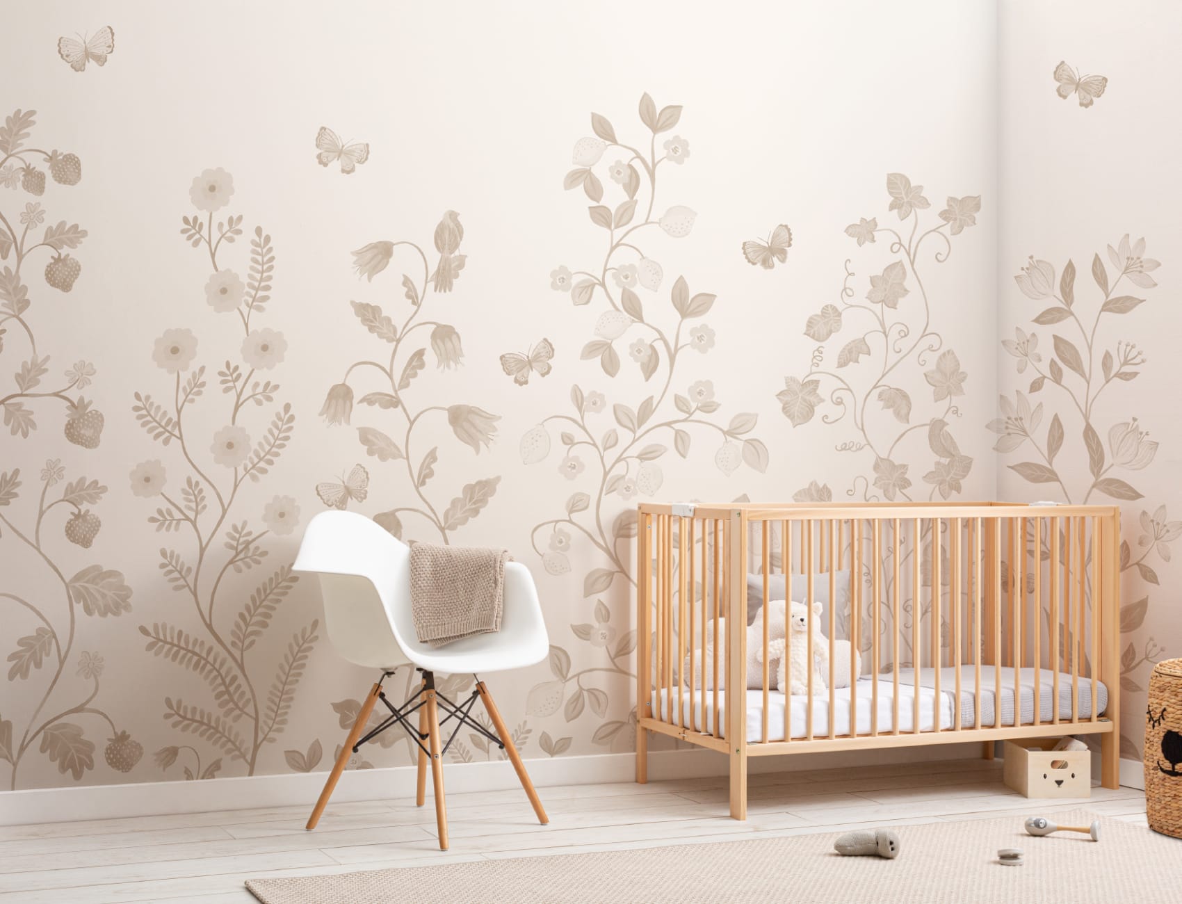 Beige Whimsical Climbing Botanicals Mural