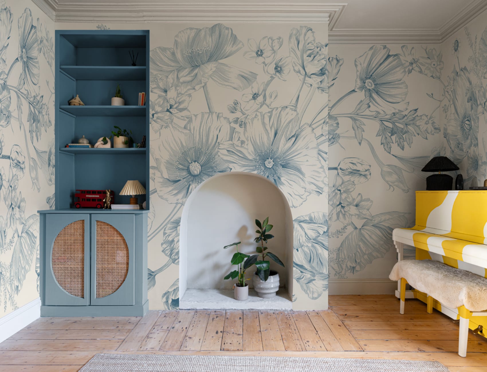 Blue Illustrated Floral Bouquet Mural