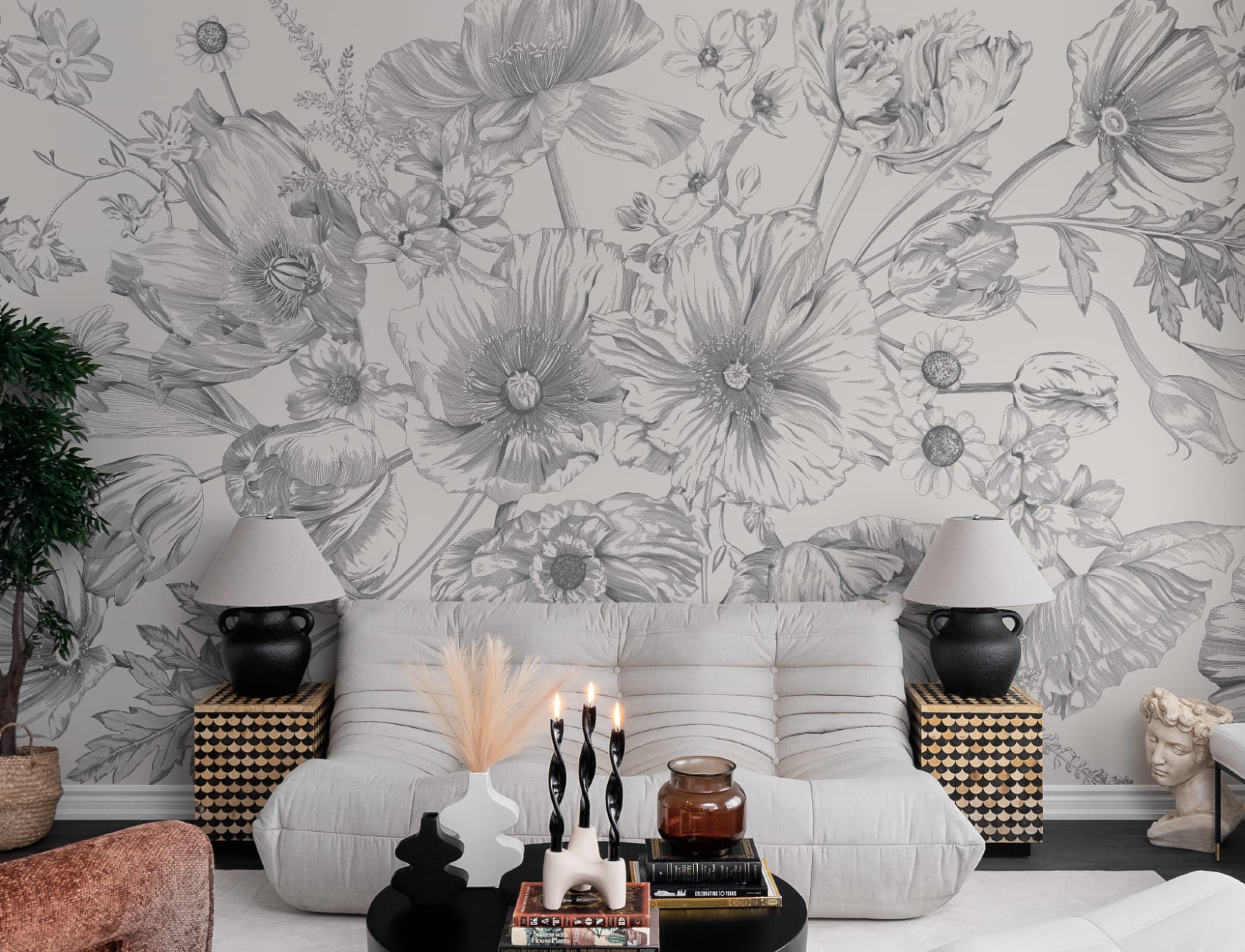 Monochrome Illustrated Floral Bouquet Mural
