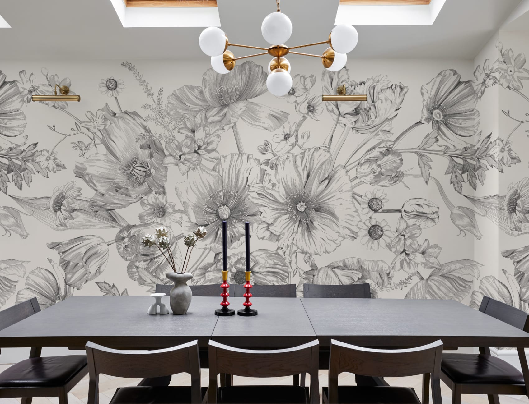 Monochrome Illustrated Floral Bouquet Mural