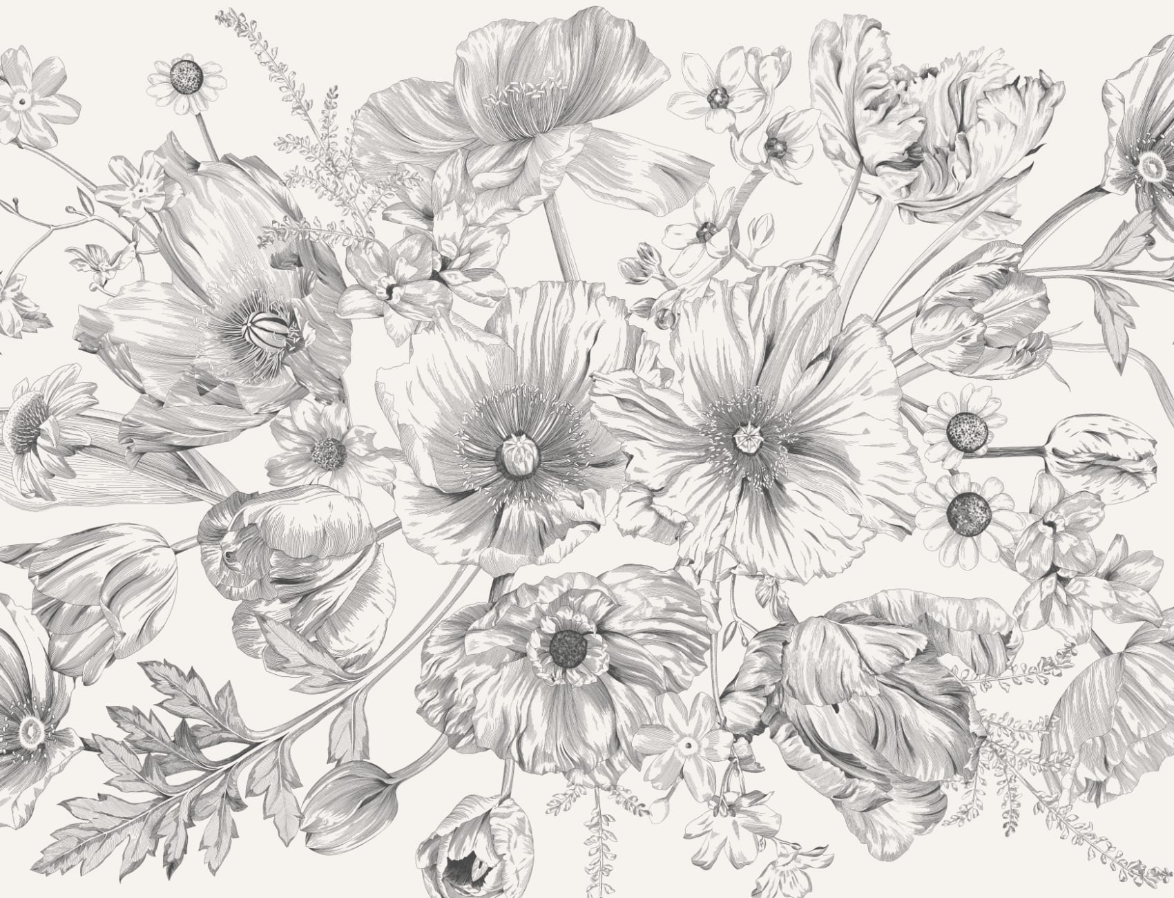 Monochrome Illustrated Floral Bouquet Mural