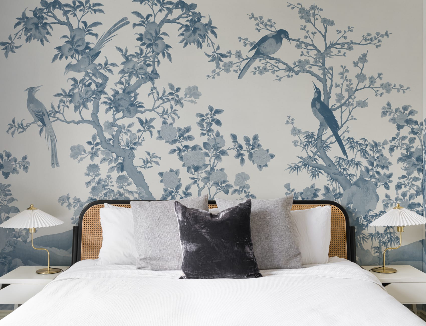 Tonal Blue Chinoiserie Vintage Garden Scene Mural