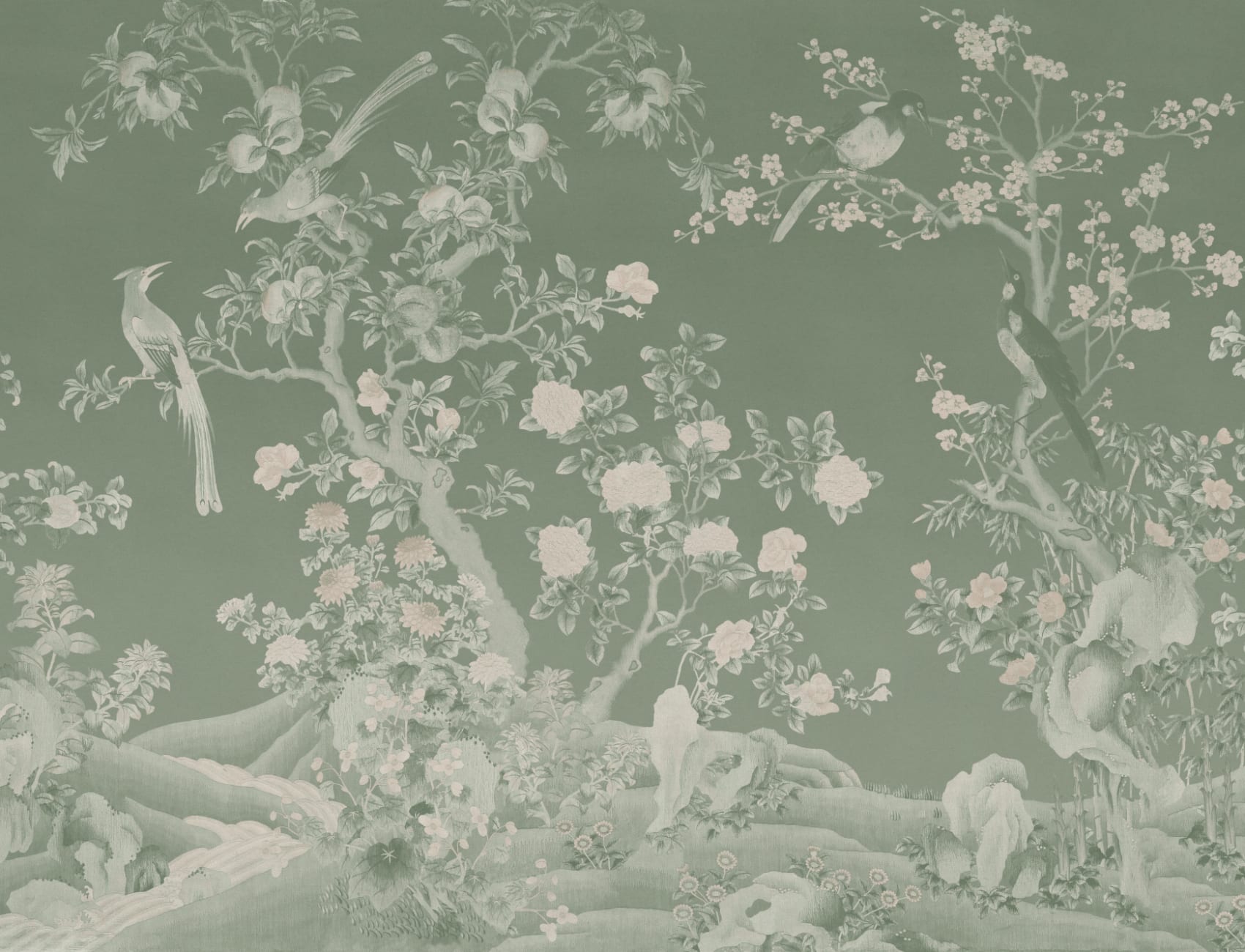 Papier peint panoramique vert Chinoiserie Vintage Garden Scene