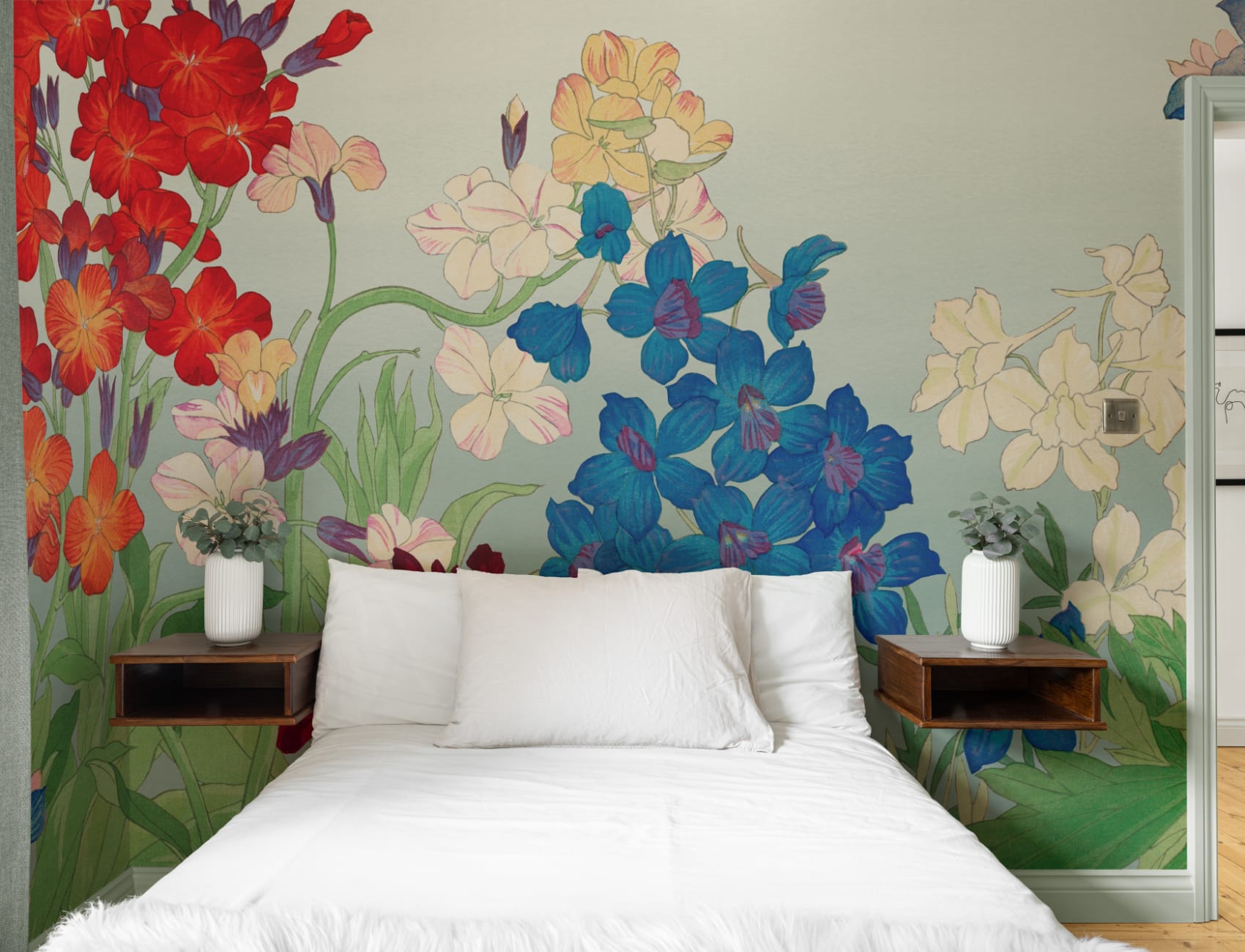 Mural floral japonés de acuarela Delphinium