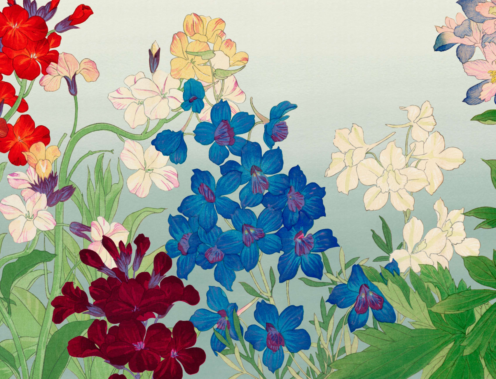Mural floral japonés de acuarela Delphinium
