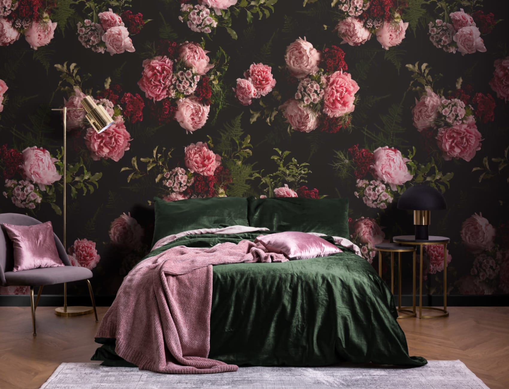 Pink & Black Dark Moody Floral Pattern Wallpaper Mural