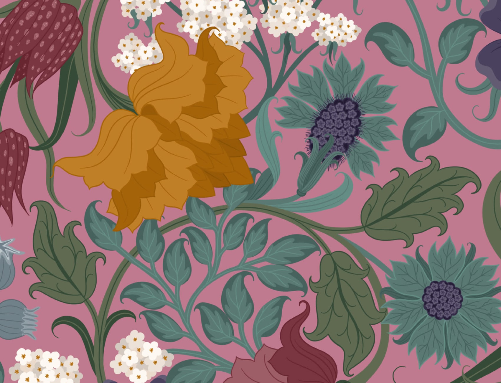 Vintage Colourful and Pink Floral Repeat Pattern Wallpaper